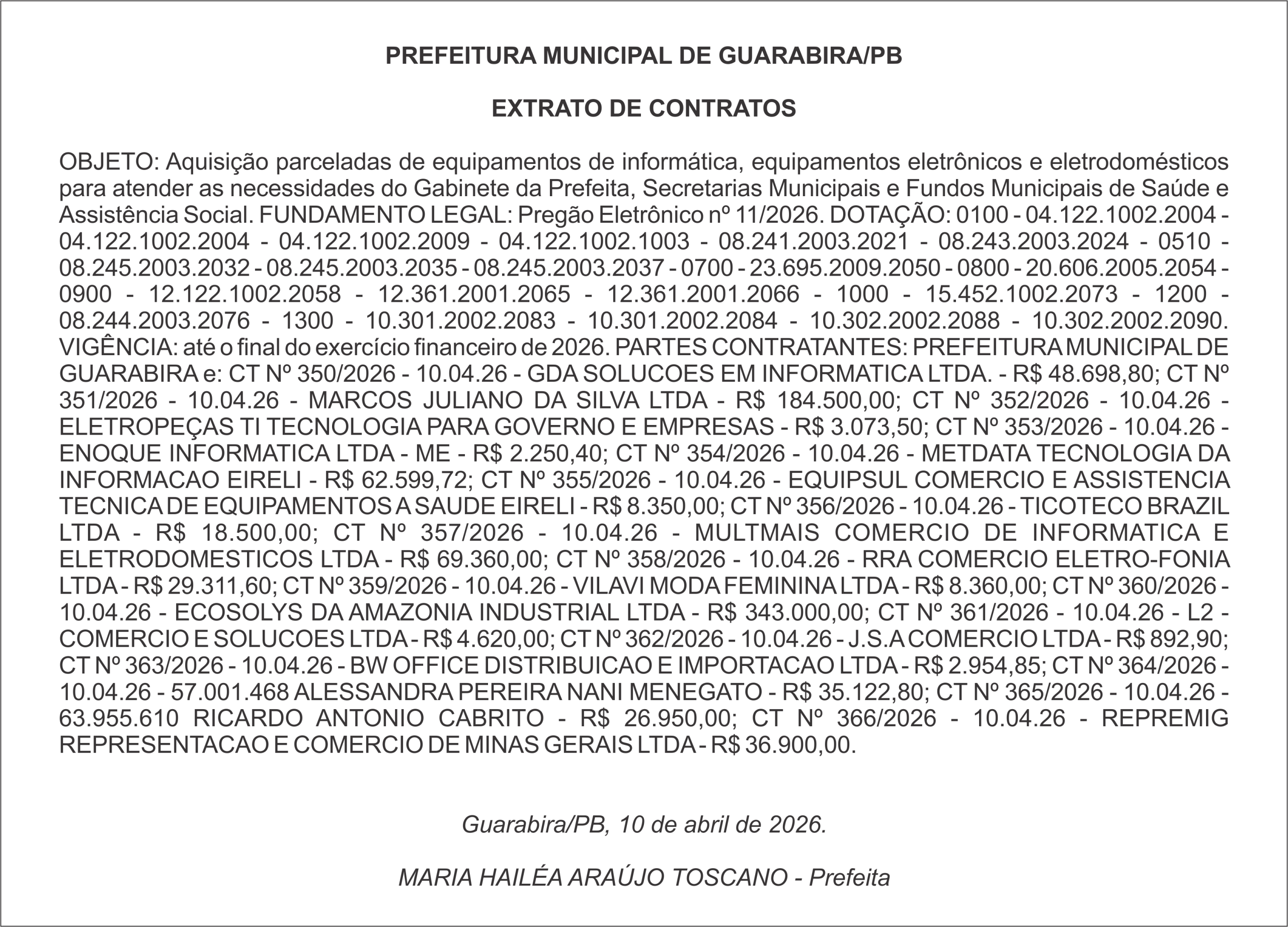 PREFEITURA MUNICIPAL DE GUARABIRA/PB  EXTRATO DE CONTRATOS