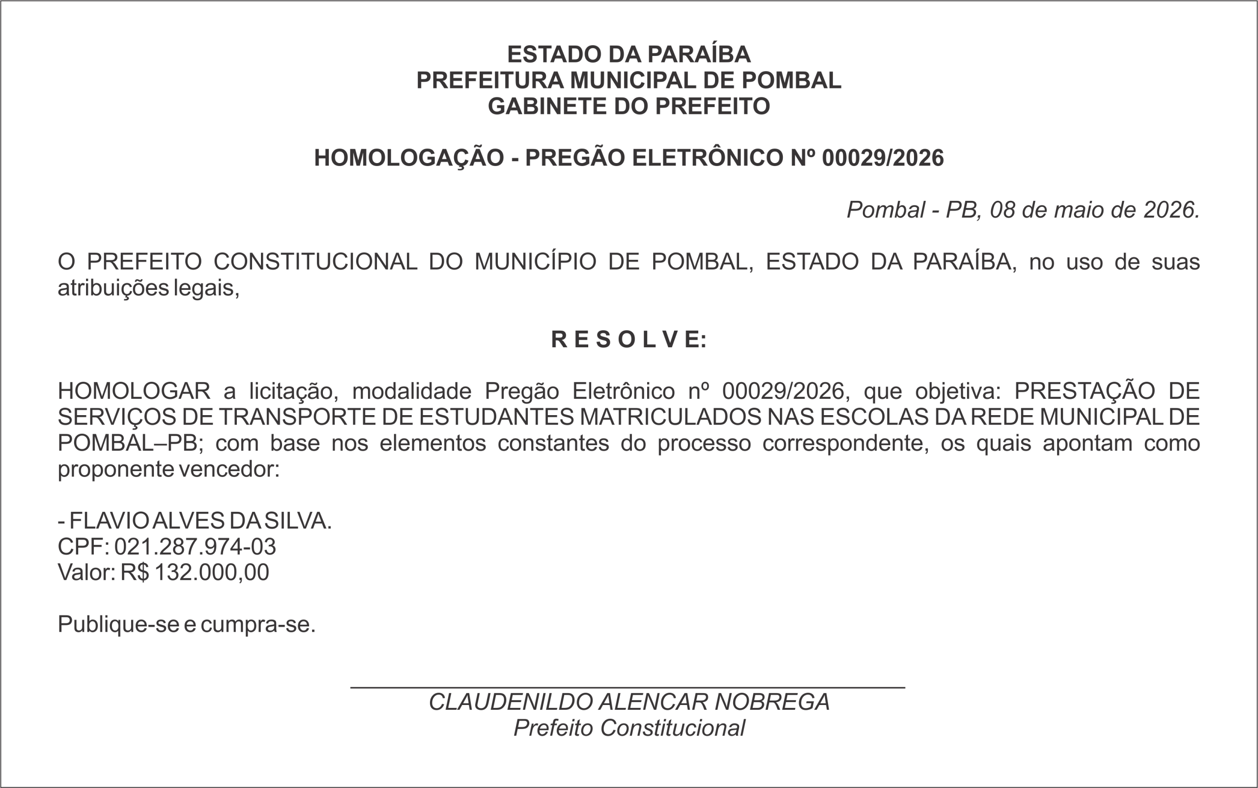 PREFEITURA MUNICIPAL DE POMBAL –  HOMOLOGAÇÃO – PREGÃO ELETRÔNICO Nº 00029/2026
