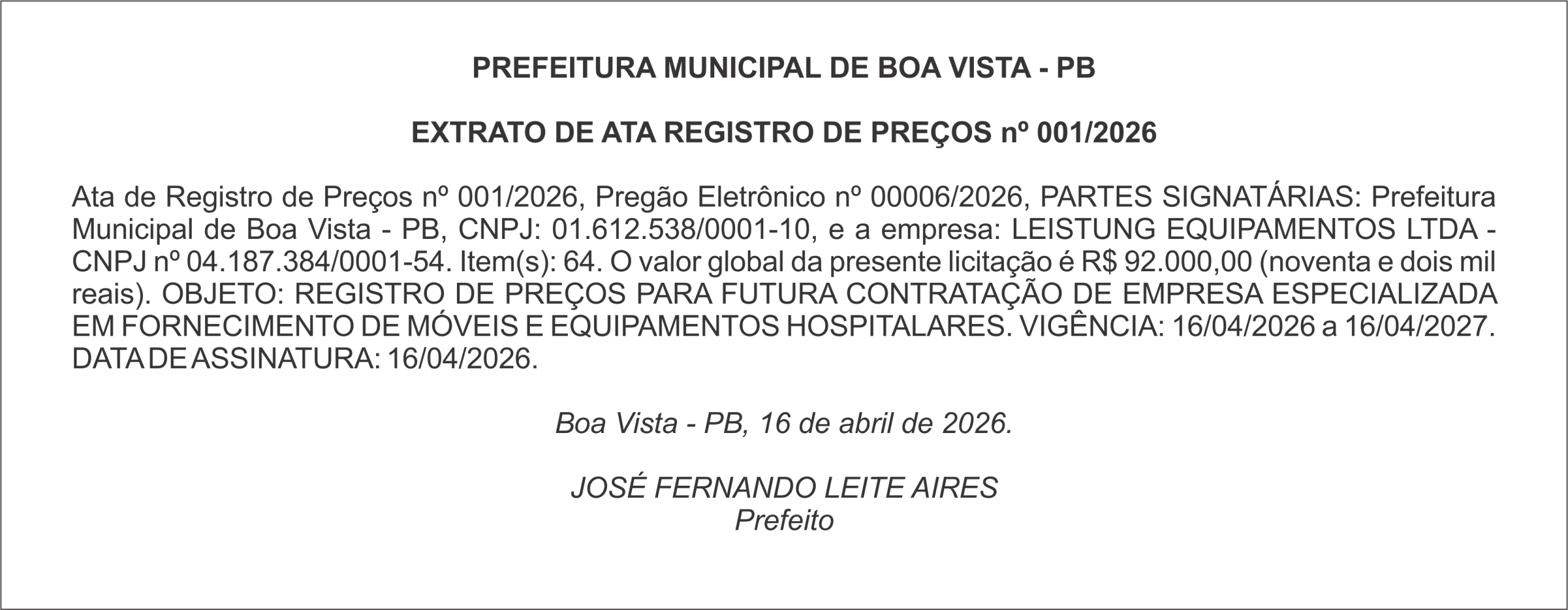 PREFEITURA MUNICIPAL DE BOA VISTA – PB – EXTRATO DE ATA REGISTRO DE PREÇOS nº 001/2026