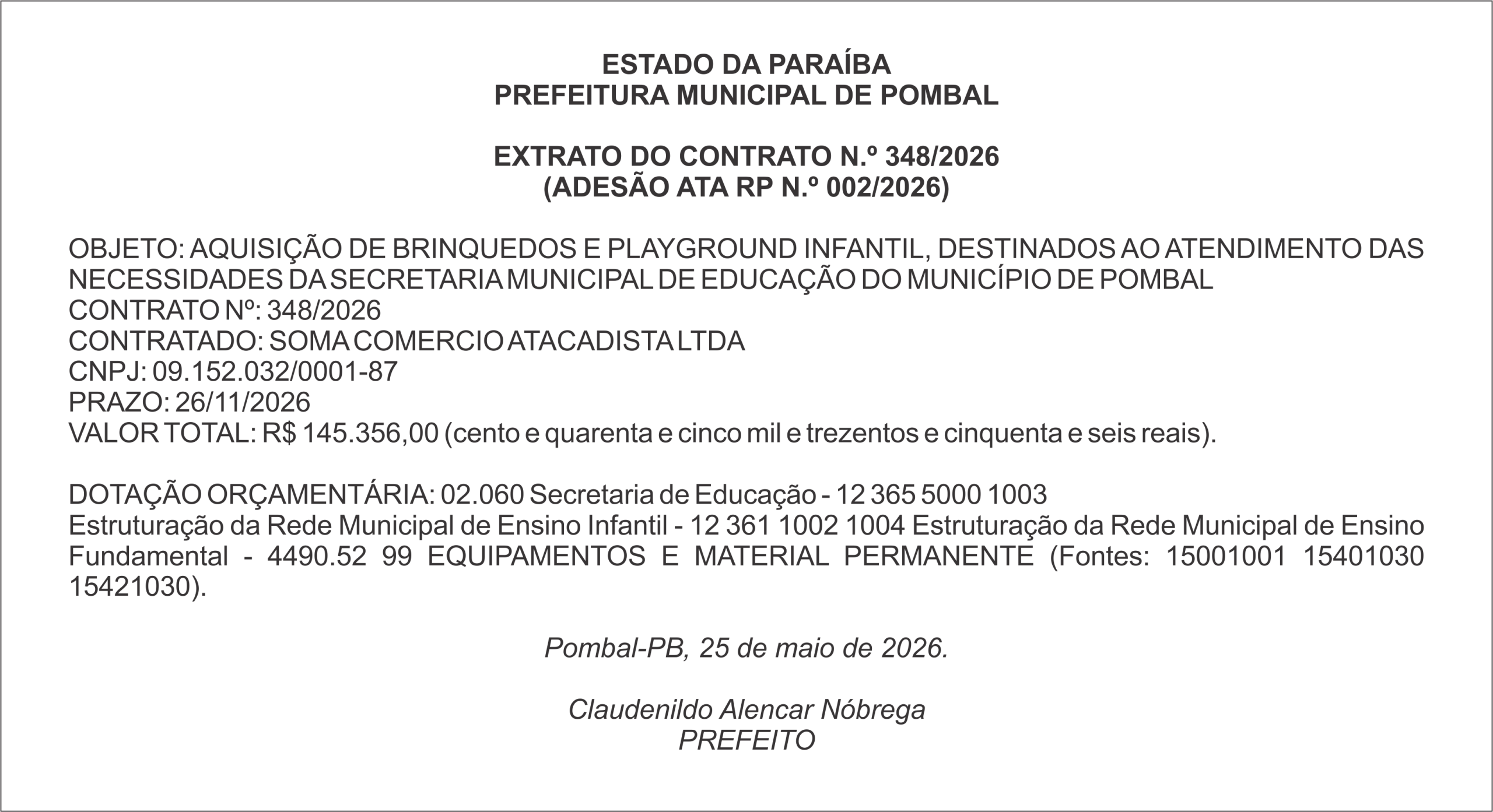 PREFEITURA MUNICIPAL DE POMBAL – EXTRATO DO CONTRATO N.º 348/2026 (ADESÃO ATA RP N.º 002/2026)