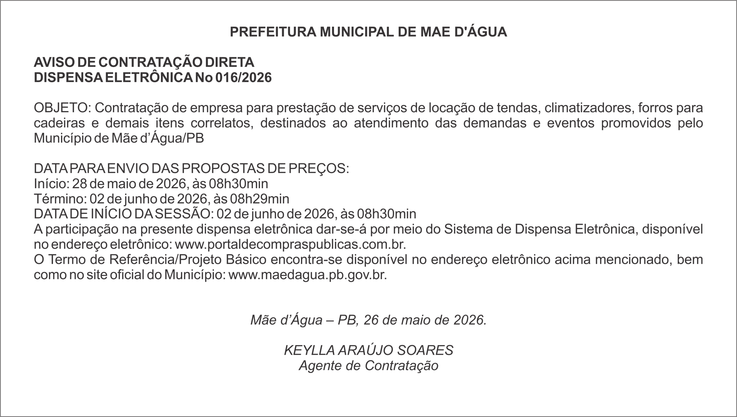 PREFEITURA DE MAE D’ÁGUA – AVISO DE CONTRATAÇÃO DIRETA
