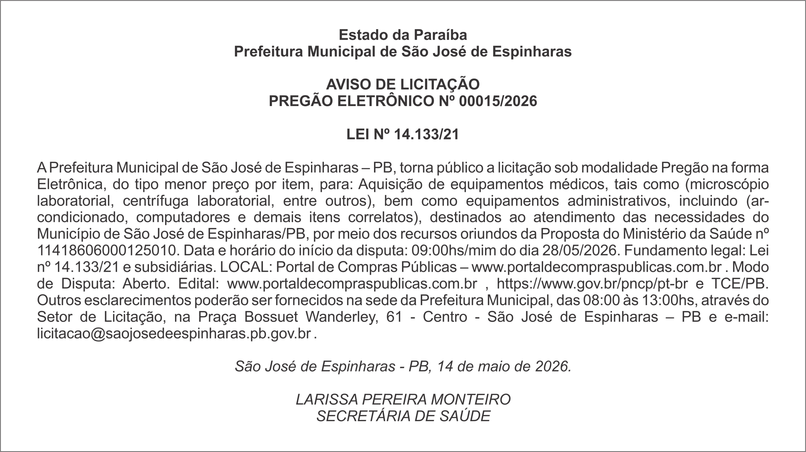 PREFEITURA DE SÃO JOSÉ DE ESPINHARAS – AVISO DE LICITAÇÃO PREGÃO ELETRÔNICO Nº 00015/2026