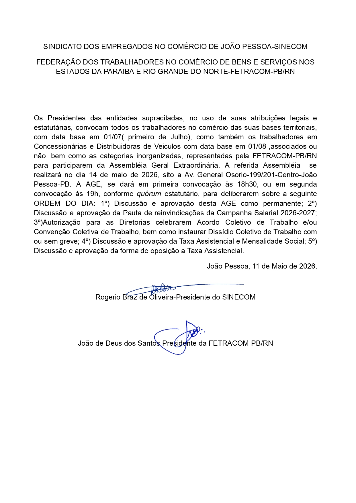 SINECOM – EDITAL DE CONVOCAÇÃO – ASSEMBLEIA GERAL EXTRAORDINÁRIA
