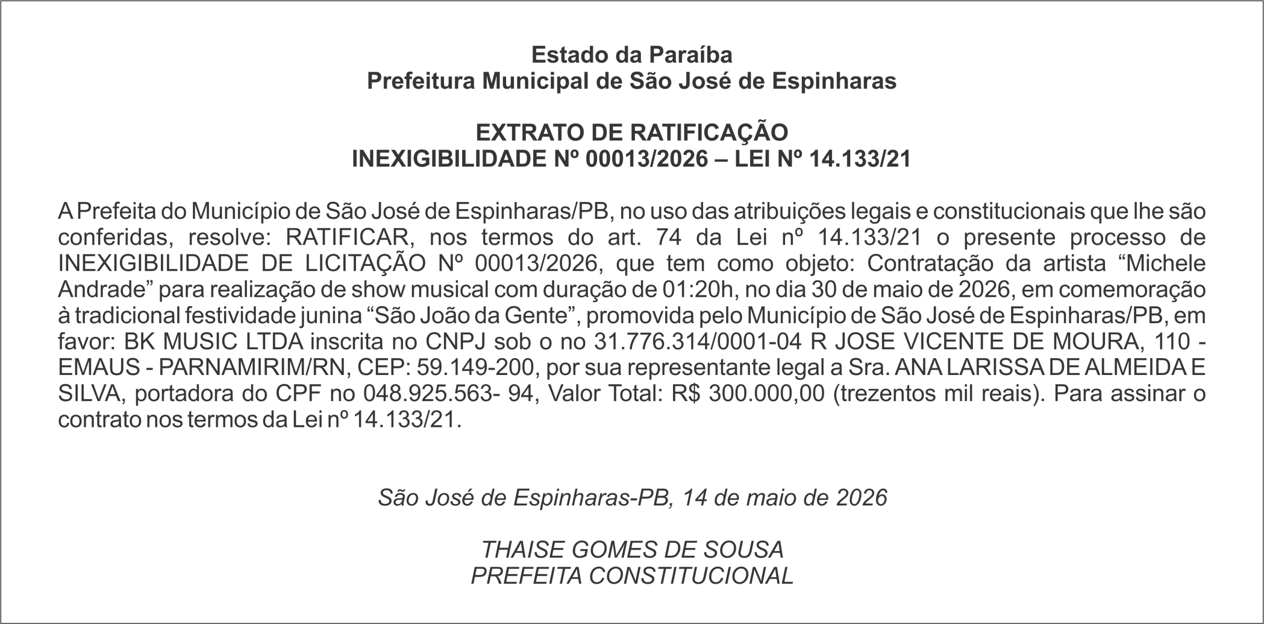 PREFEITURA DE SÃO JOSÉ DE ESPINHARAS  – EXTRATO DE RATIFICAÇÃO