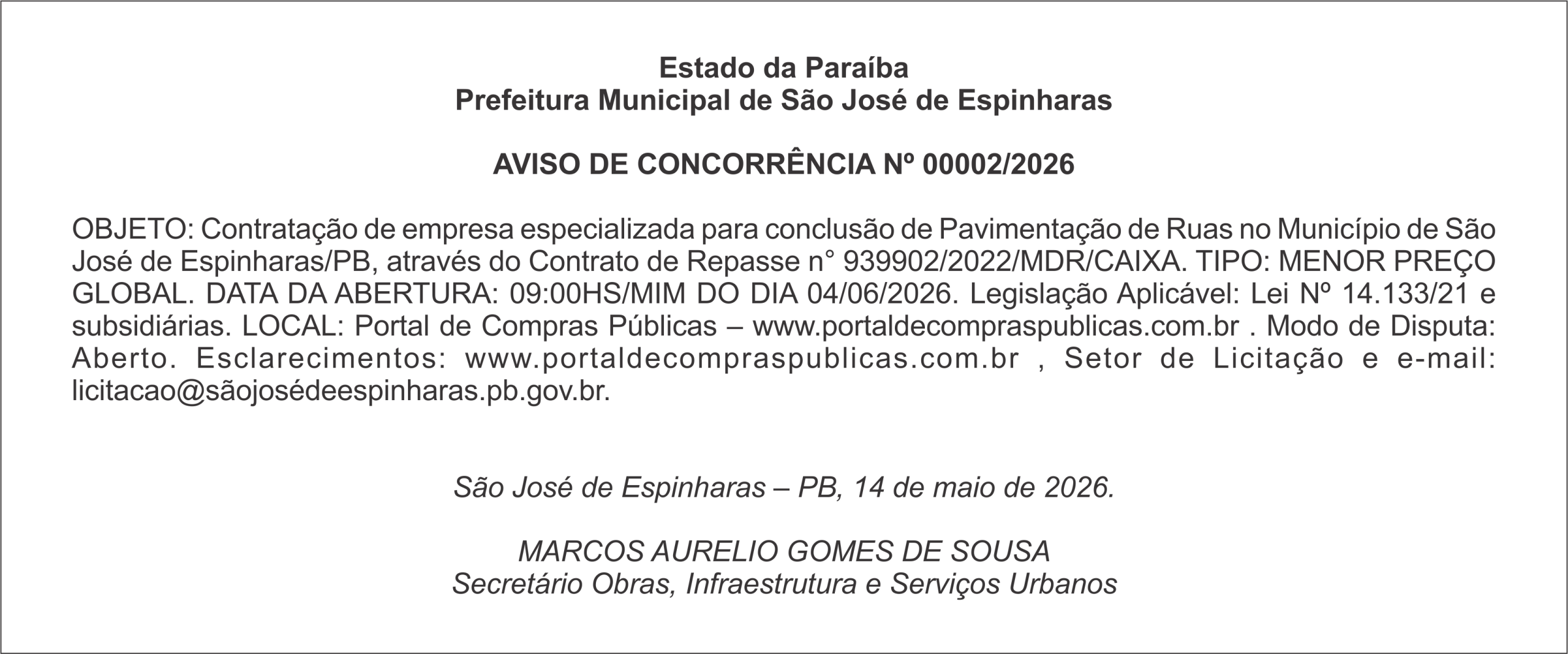 PREFEITURA DE SÃO JOSÉ DE ESPINHARAS – AVISO DE CONCORRÊNCIA Nº 00002/2026