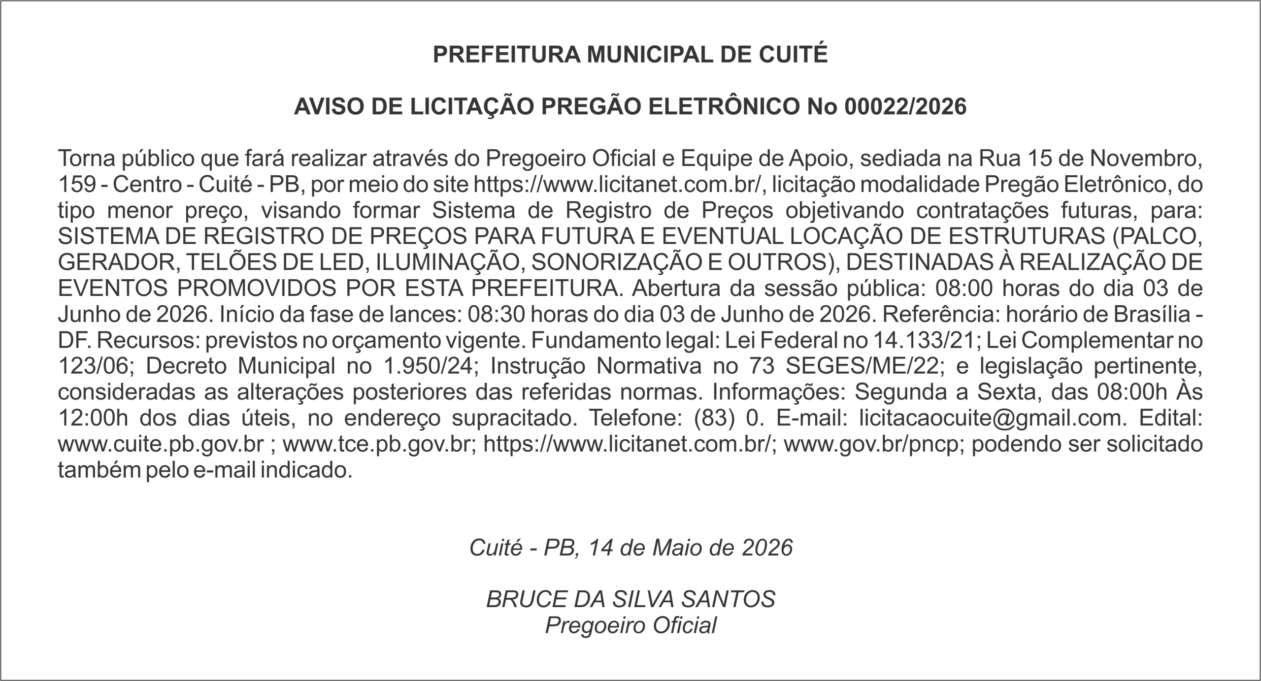 PREFEITURA MUNICIPAL DE CUITÉ – AVISO DE LICITAÇÃO PREGÃO ELETRÔNICO No 00022/2026