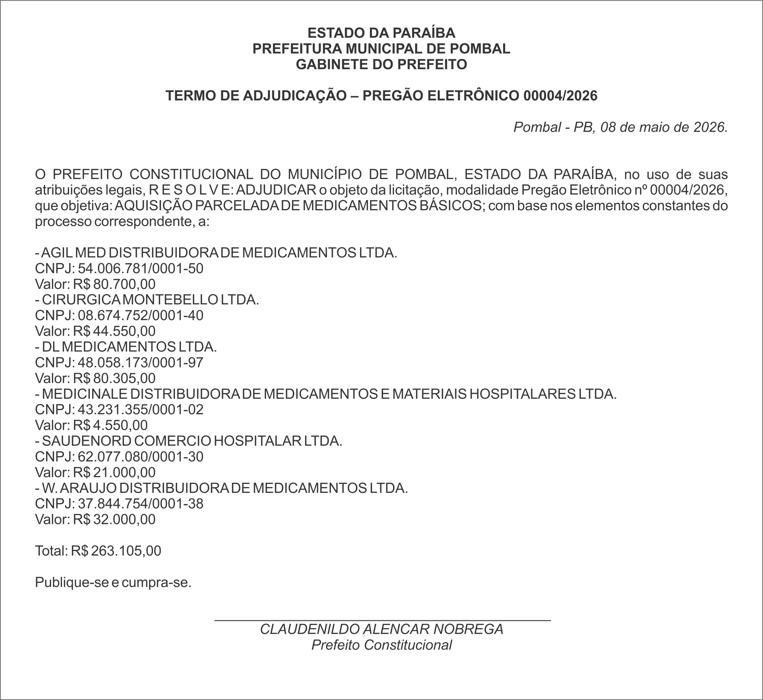 PREFEITURA MUNICIPAL DE POMBAL – TERMO DE ADJUDICAÇÃO – PREGÃO ELETRÔNICO 00004/2026