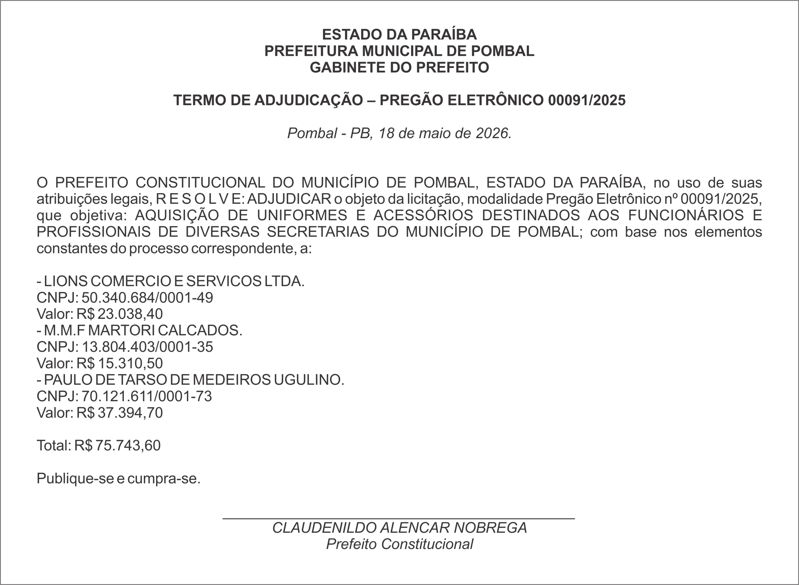PREFEITURA MUNICIPAL DE POMBAL – TERMO DE ADJUDICAÇÃO – PREGÃO ELETRÔNICO 00091/2025