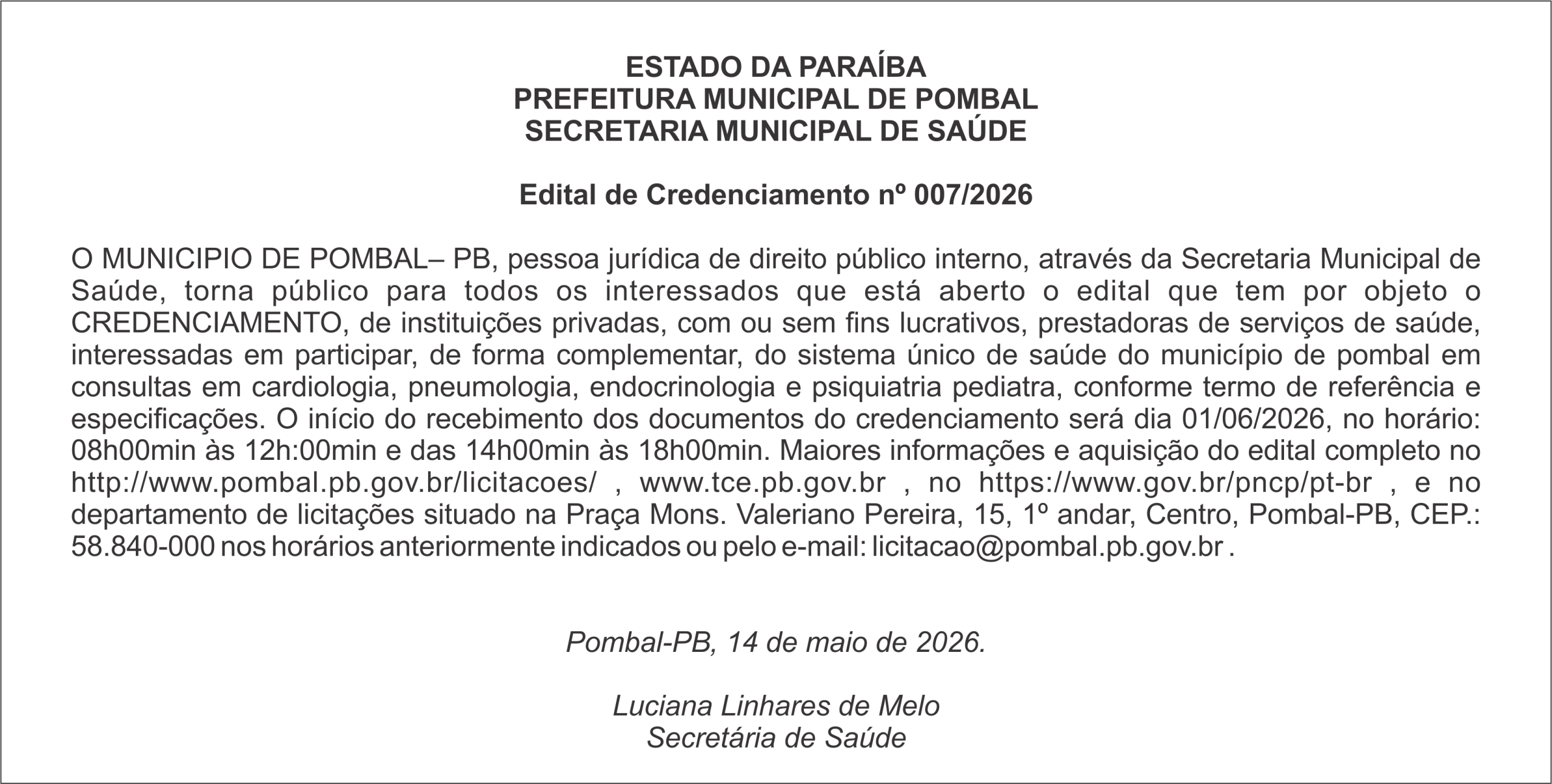 PREFEITURA MUNICIPAL DE POMBAL – Edital de Credenciamento nº 007/2026