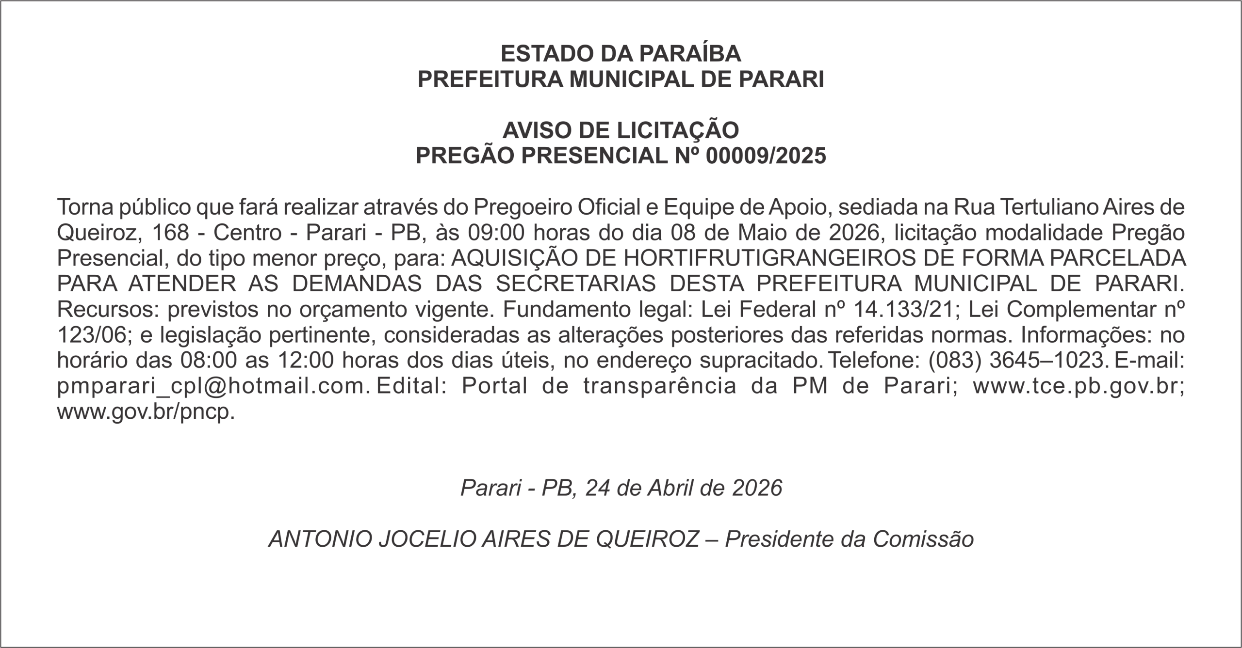 PREFEITURA MUNICIPAL DE PARARI – AVISO DE LICITAÇÃO PREGÃO PRESENCIAL Nº 00009/2025