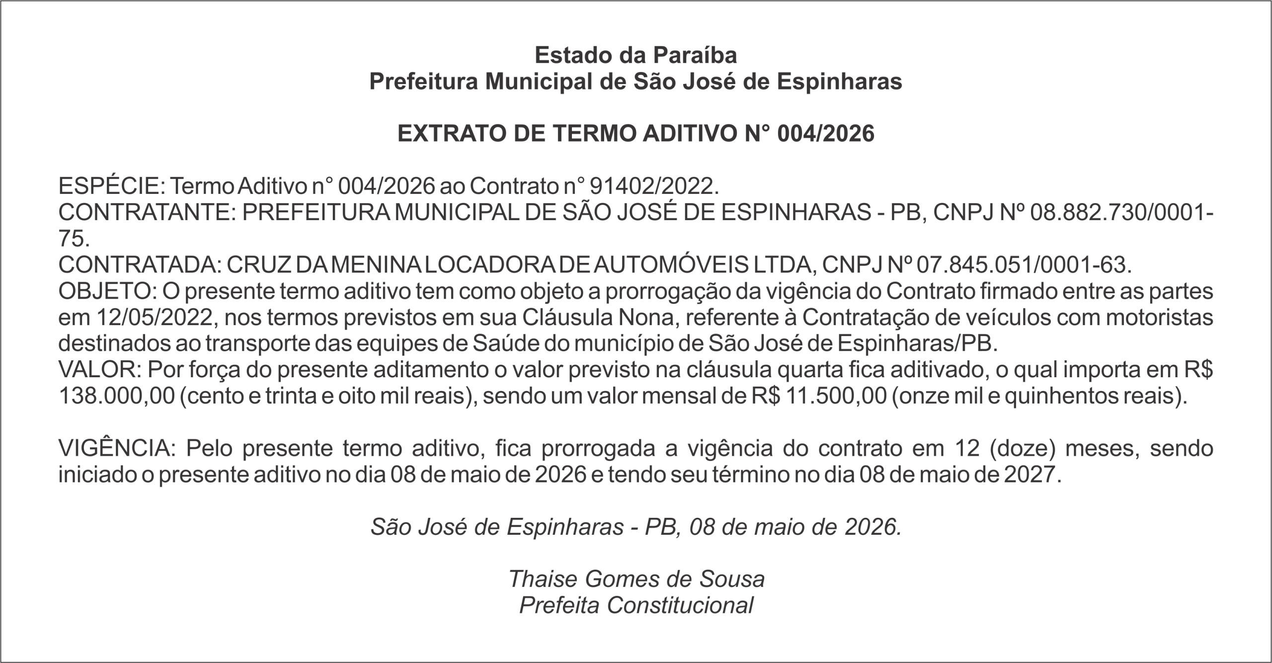 PREFEITURA DE SÃO JOSÉ DE ESPINHARAS – EXTRATO DE TERMO ADITIVO N° 004/2026