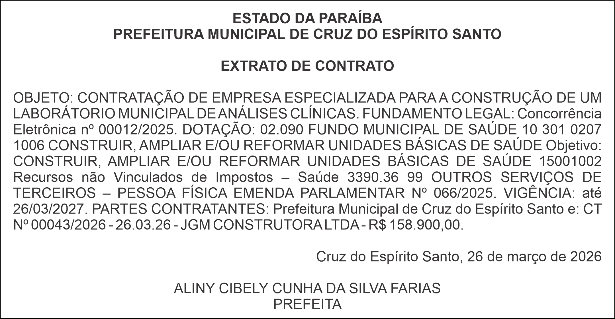 PREFEITURA MUNICIPAL DE CRUZ DO ESPÍRITO SANTO – EXTRATO DE CONTRATO