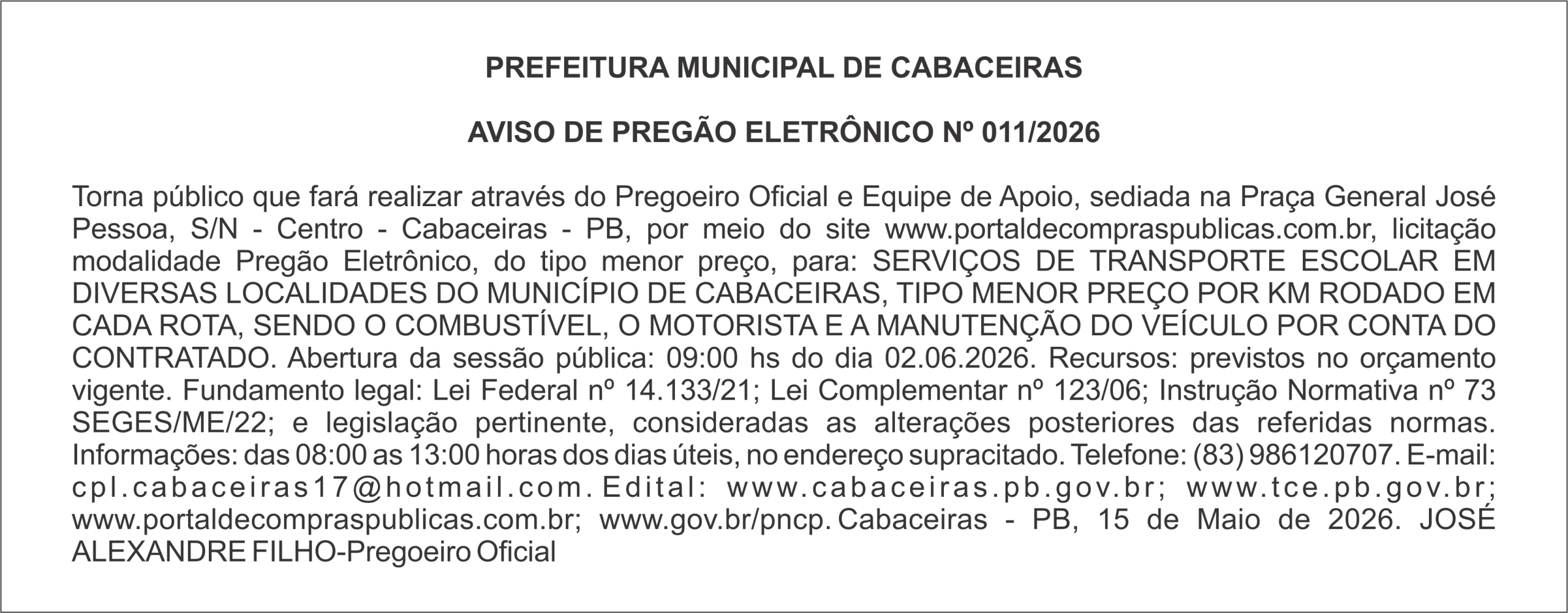 PREFEITURA MUNICIPAL DE CABACEIRAS – AVISO DE PREGÃO ELETRÔNICO Nº 011/2026