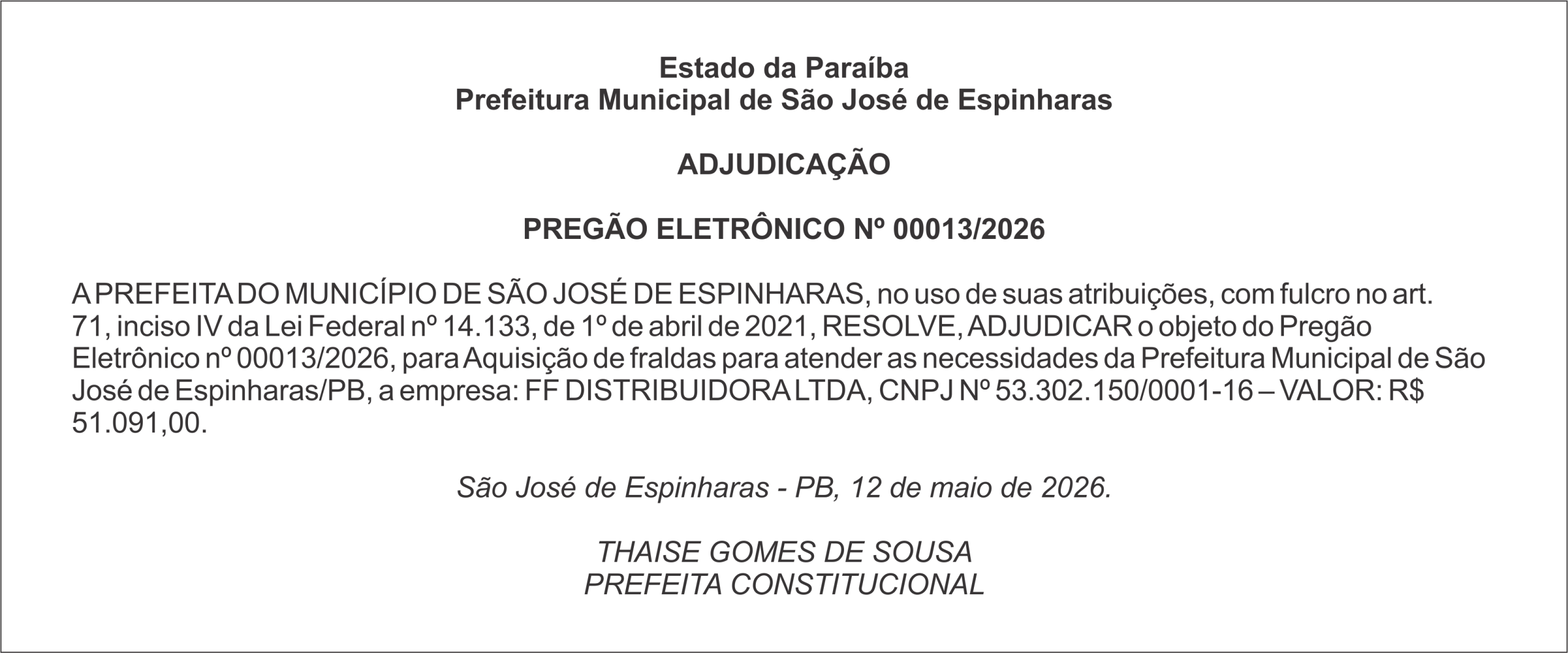PREFEITURA DE SÃO JOSÉ DE ESPINHARAS – ADJUDICAÇÃO
