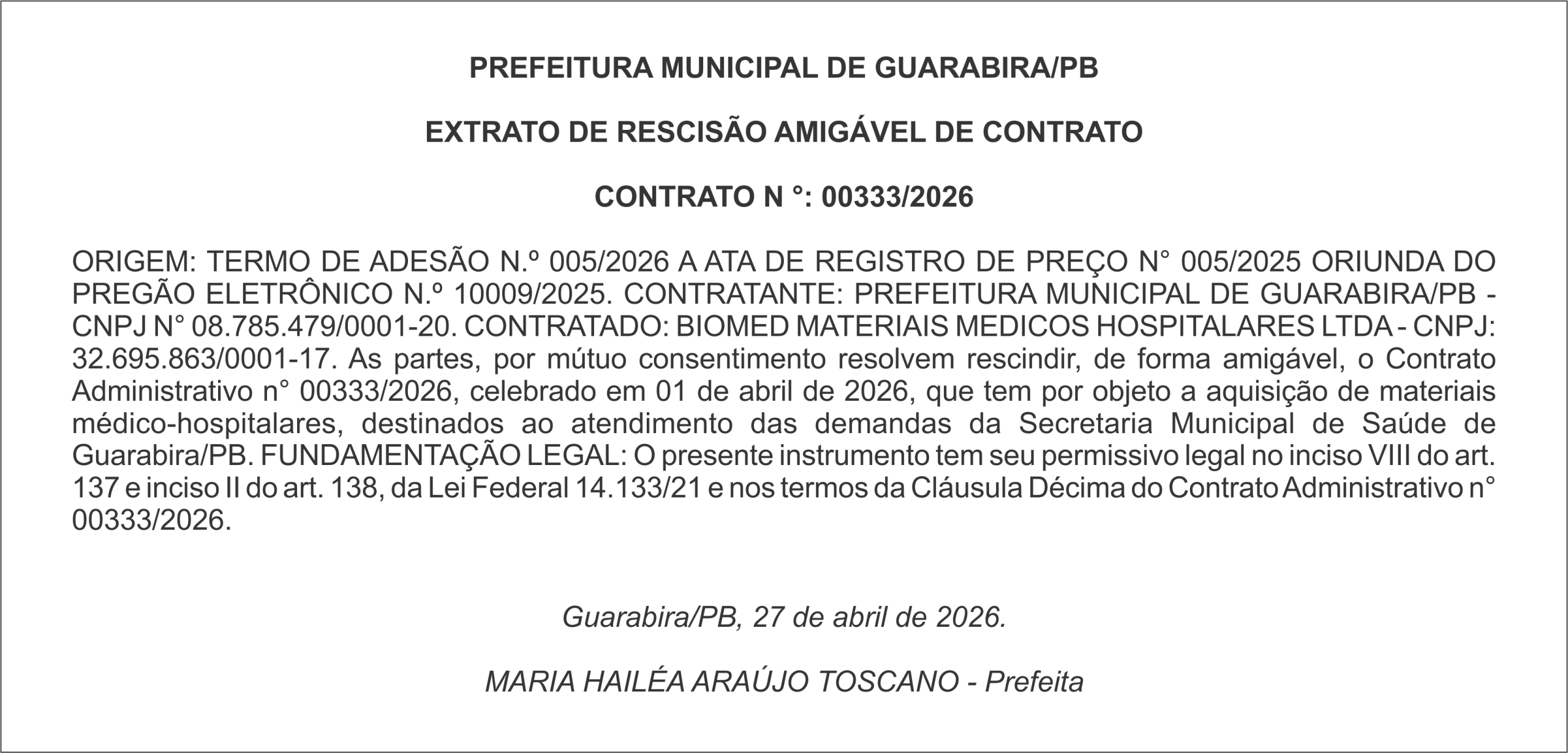 PREFEITURA MUNICIPAL DE GUARABIRA/PB – EXTRATO DE RESCISÃO AMIGÁVEL DE CONTRATO