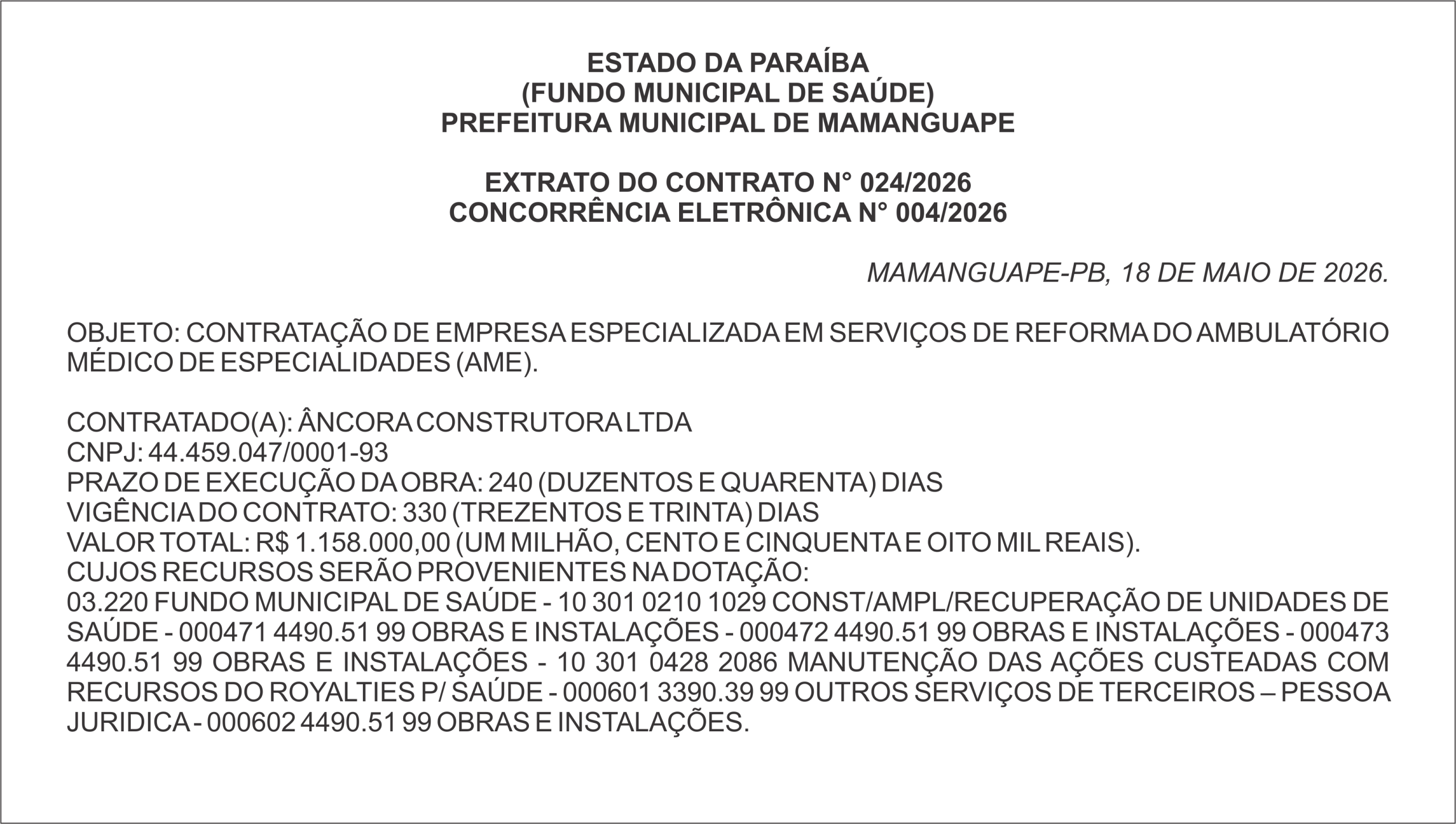 PREFEITURA MUNICIPAL DE MAMANGUAPE – EXTRATO DO CONTRATO N° 024/2026