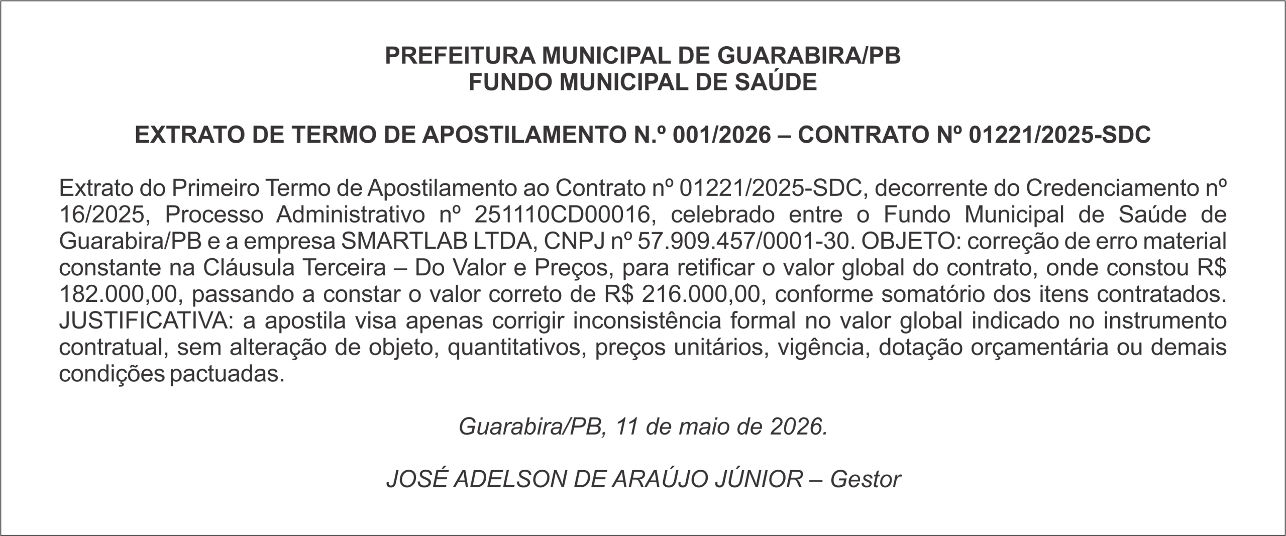 PREFEITURA MUNICIPAL DE GUARABIRA/PB – EXTRATO DE TERMO DE APOSTILAMENTO N.º 001/2026 – CONTRATO Nº  01221/2025-SDC