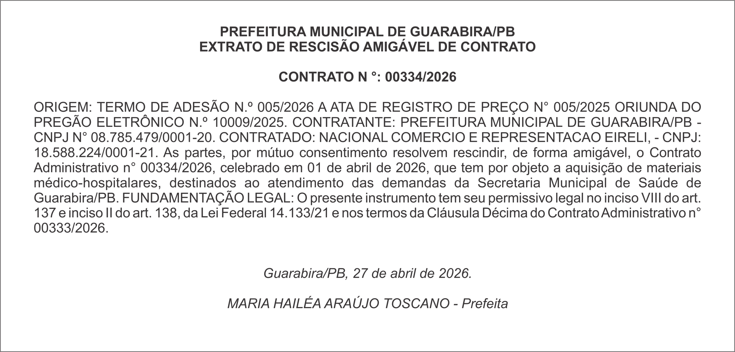 PREFEITURA MUNICIPAL DE GUARABIRA/PB EXTRATO DE RESCISÃO AMIGÁVEL DE CONTRATO