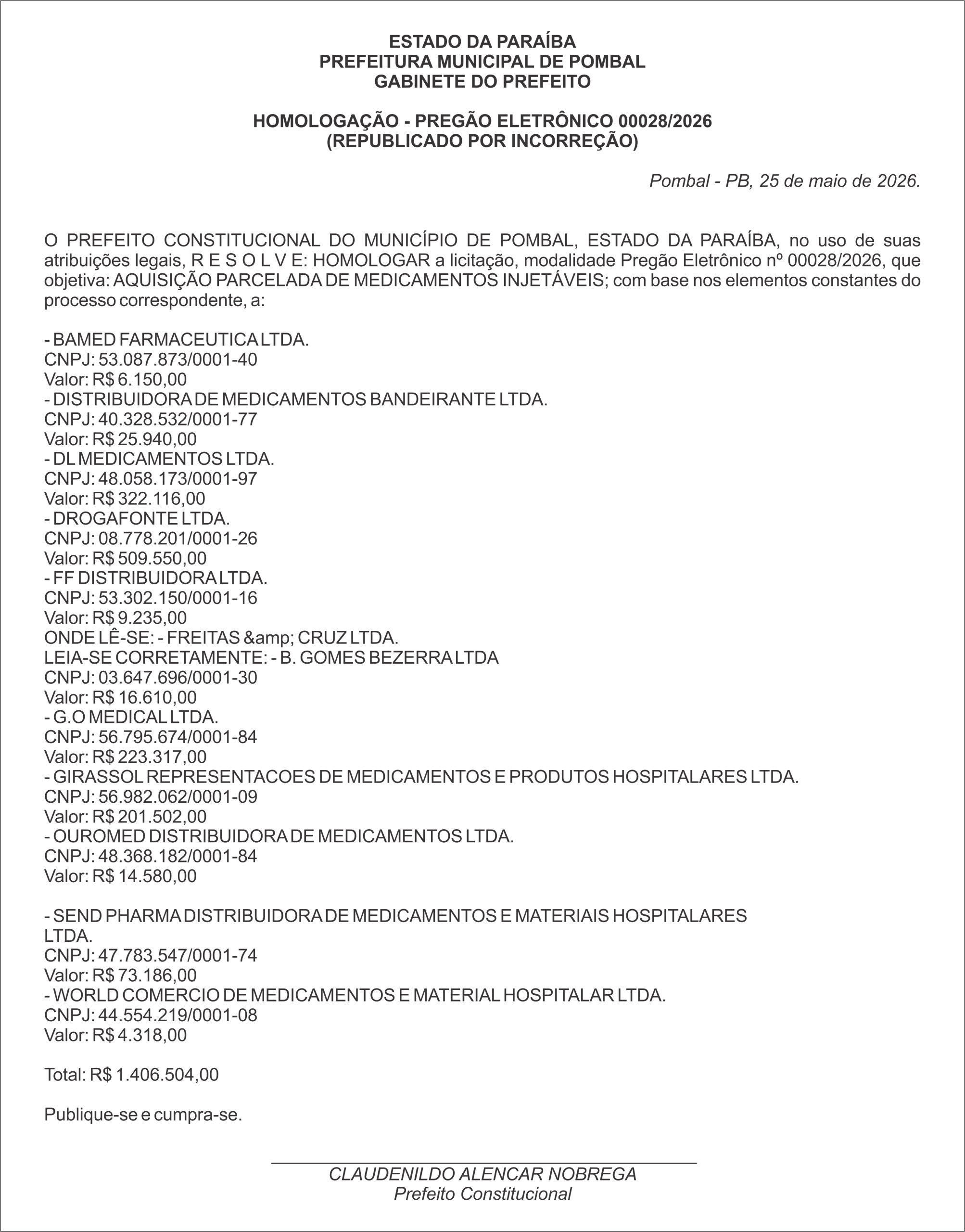 PREFEITURA MUNICIPAL DE POMBAL – HOMOLOGAÇÃO – PREGÃO ELETRÔNICO 00028/2026 (REPUBLICADO POR INCORREÇÃO)