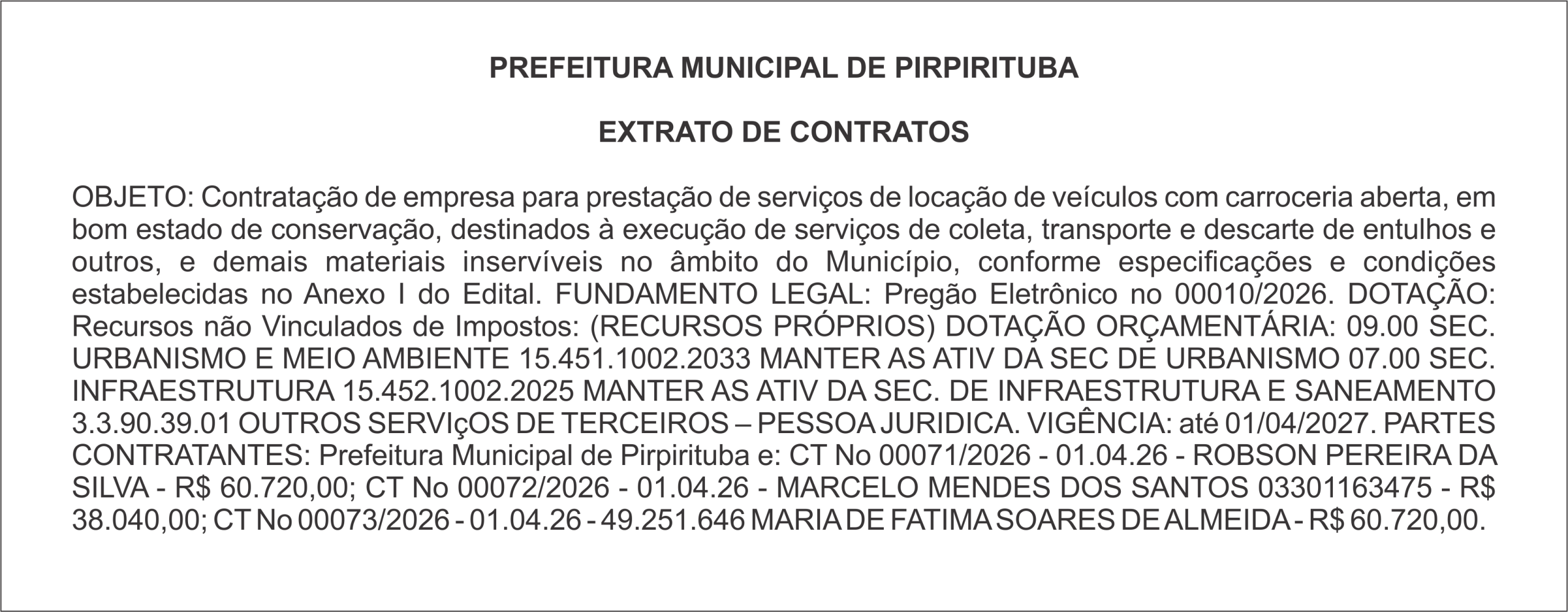 FUNDO MUNICIPAL DE SAÚDE DE PIRPIRITUBA – EXTRATO DE CONTRATOS