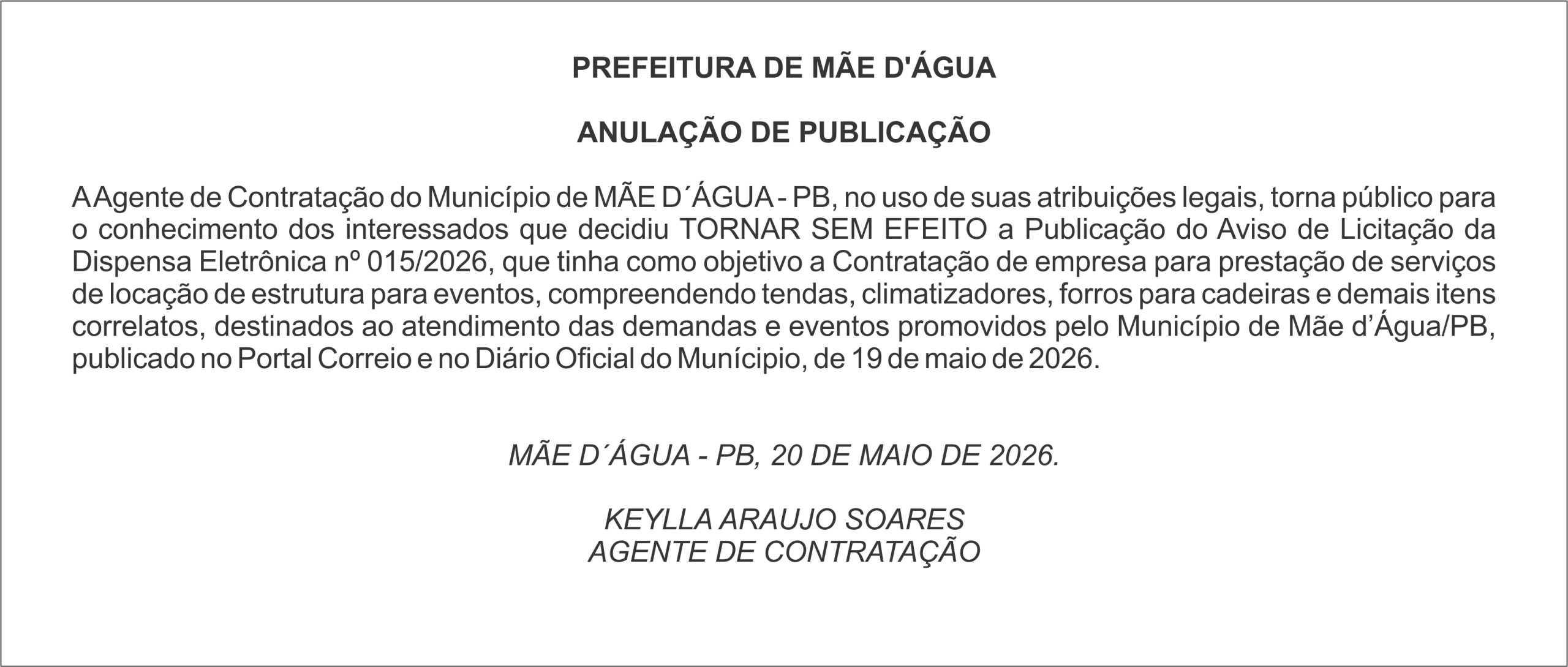 PREFEITURA DE MÃE D’ÁGUA – ANULAÇÃO DE PUBLICAÇÃO