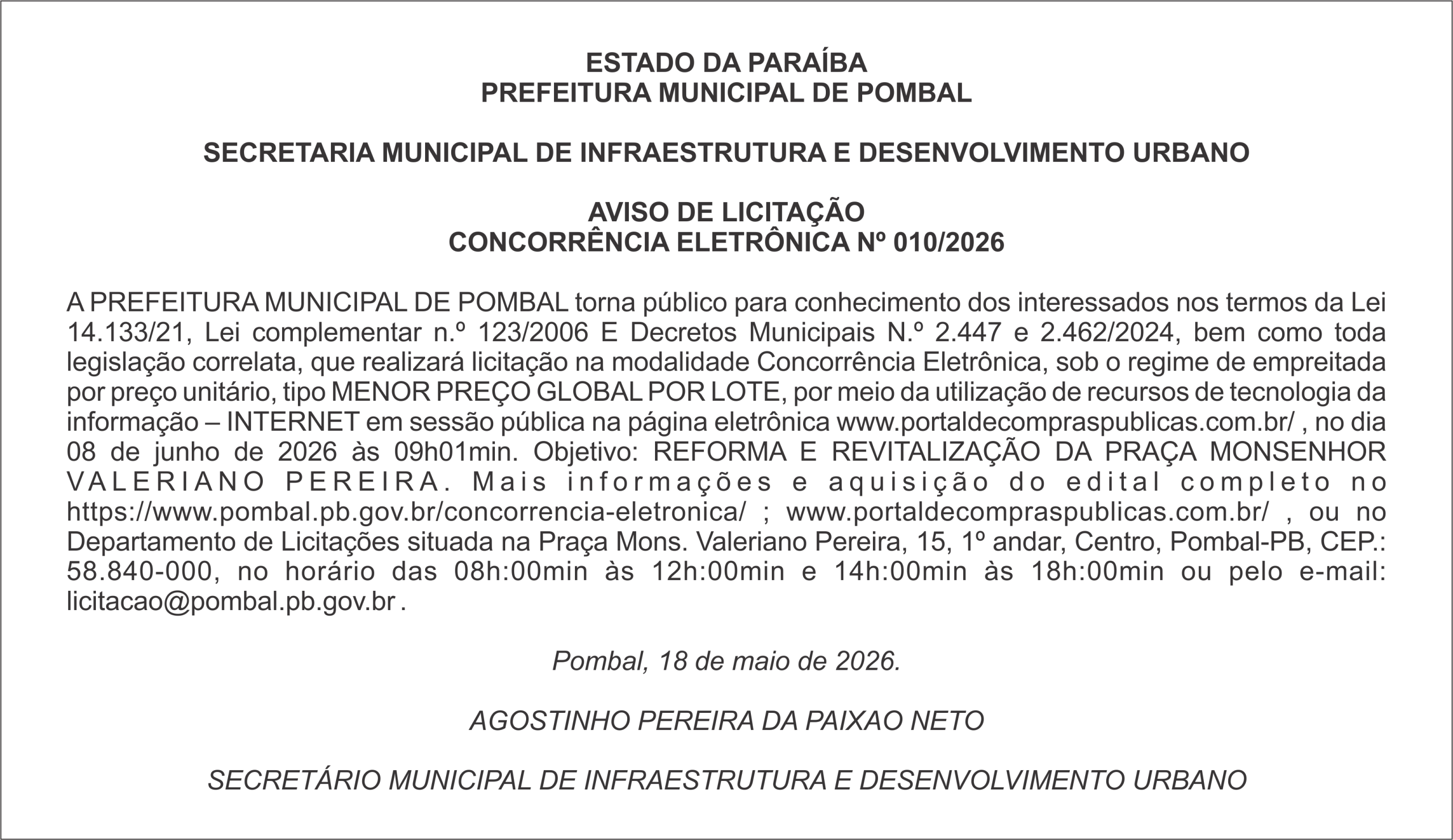 PREFEITURA MUNICIPAL DE POMBAL  – AVISO DE LICITAÇÃO – CONCORRÊNCIA ELETRÔNICA Nº 010/2026