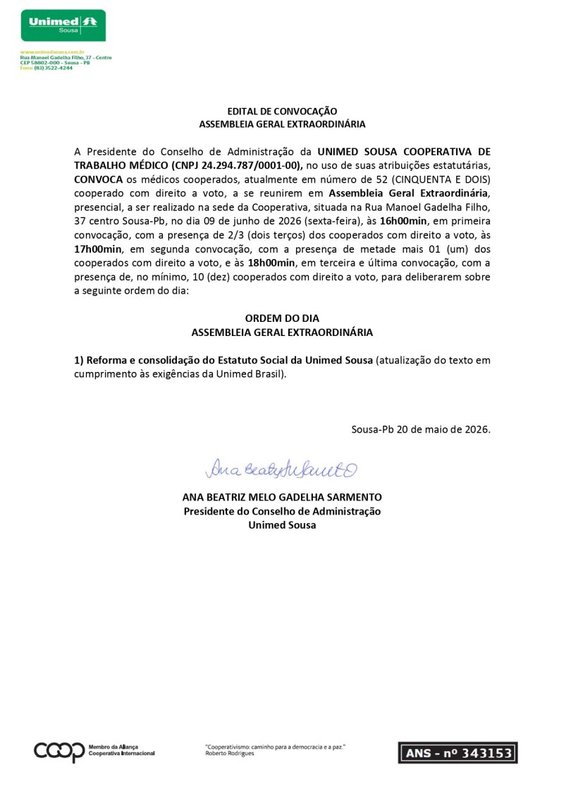 UNIMED SOUSA-PB – EDITAL DE CONVOCAÇÃO – ASSEMBLEIA GERAL EXTRAORDINÁRIA