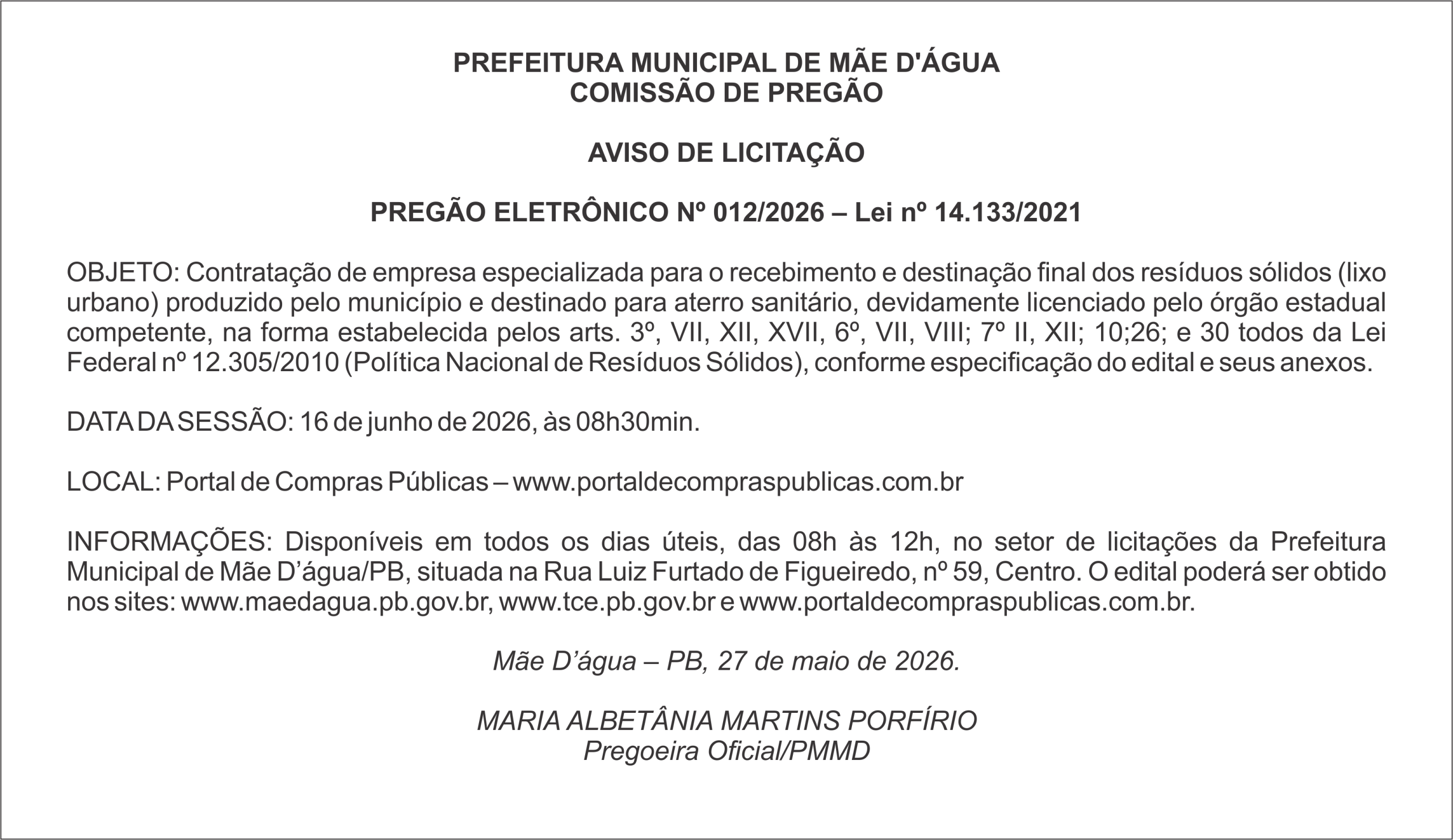 PREFEITURA DE MÃE D’ÁGUA – AVISO DE LICITAÇÃO – PREGÃO ELETRÔNICO Nº 012/2026