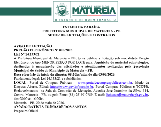 PREFEITURA MUNICIPAL DE MATUREIA – PB- AVISO DE LICITAÇÃO – PREGÃO ELETRÔNICO Nº 020/2026