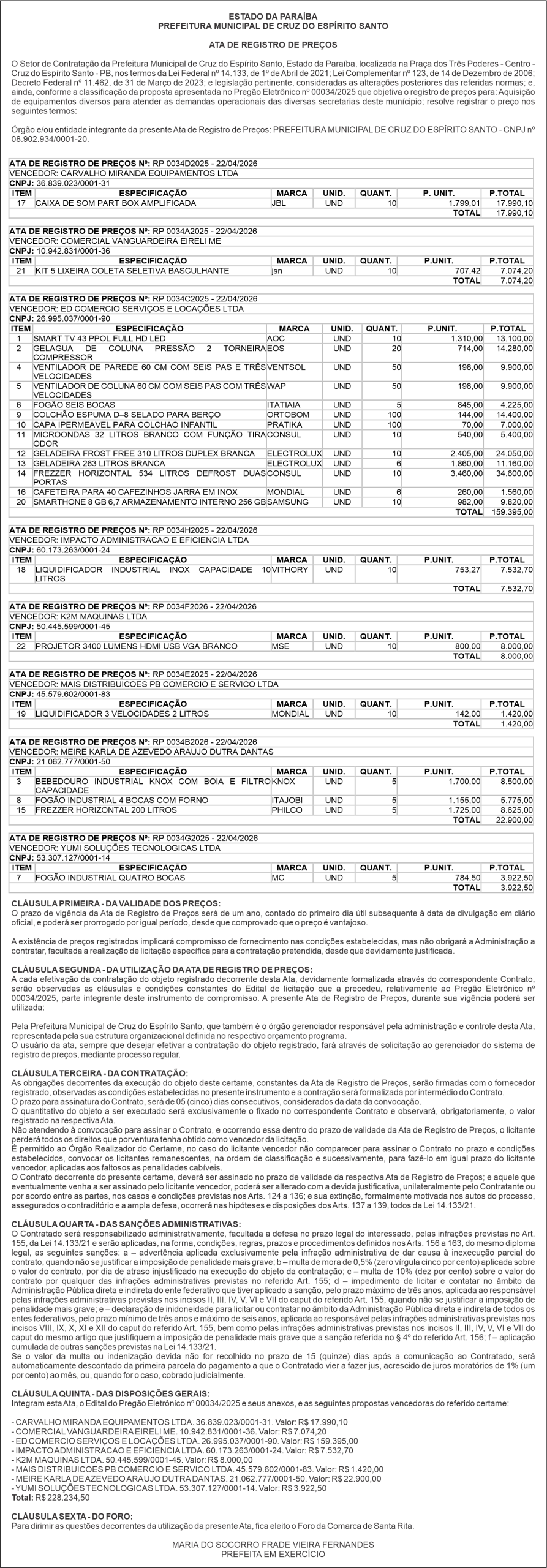 PREFEITURA MUNICIPAL DE CRUZ DO ESPÍRITO SANTO – ATA DE REGISTRO DE PREÇOS