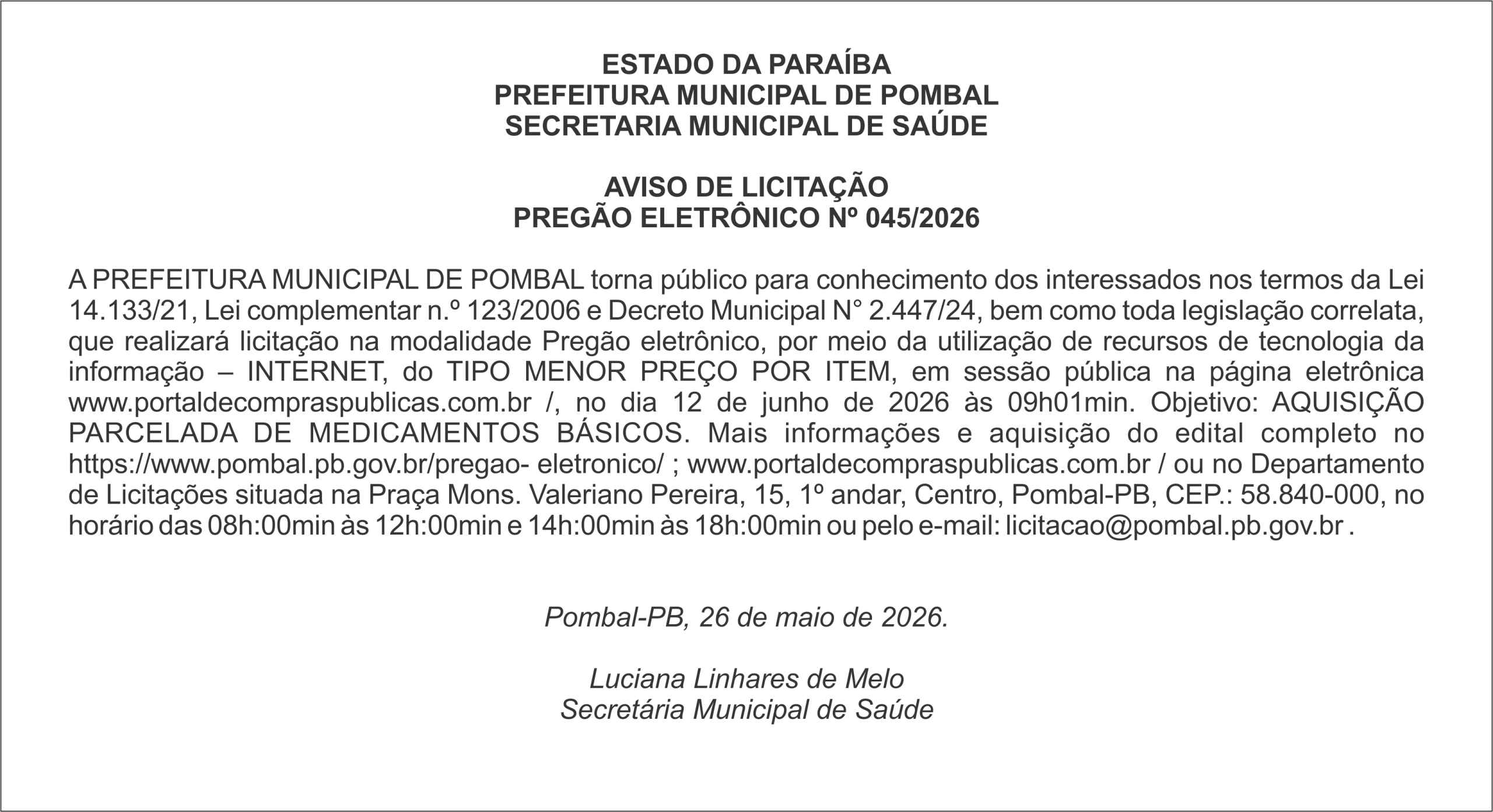 PREFEITURA MUNICIPAL DE POMBAL – AVISO DE LICITAÇÃO – PREGÃO ELETRÔNICO Nº 045/2026