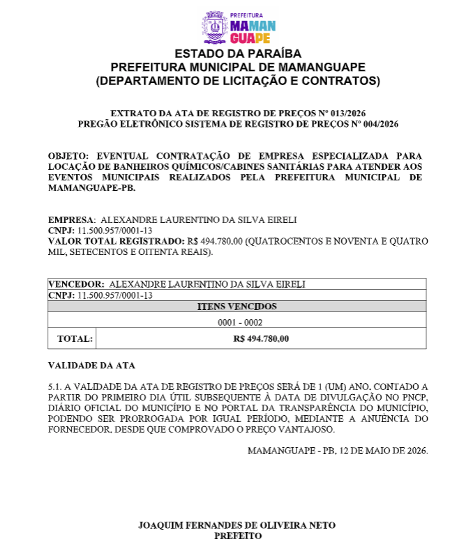 PREFEITURA MUNICIPAL DE MAMANGUAPE – EXTRATO DA ATA DE REGISTRO DE PREÇOS Nº 013/2026