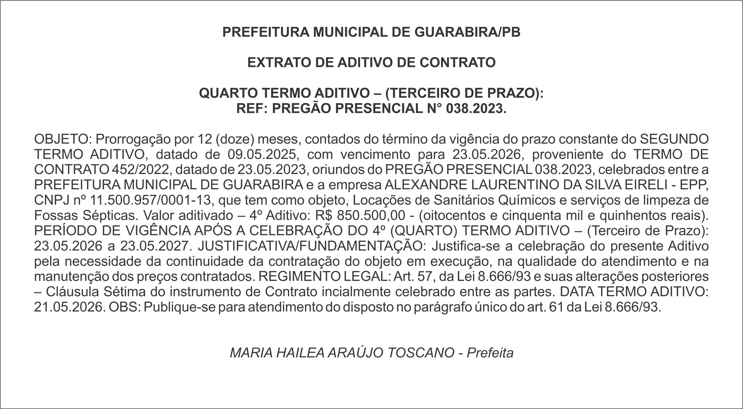 PREFEITURA MUNICIPAL DE GUARABIRA/PB – EXTRATO DE ADITIVO DE CONTRATO QUARTO TERMO ADITIVO – (TERCEIRO DE PRAZO): REF: PREGÃO PRESENCIAL N° 038.2023.