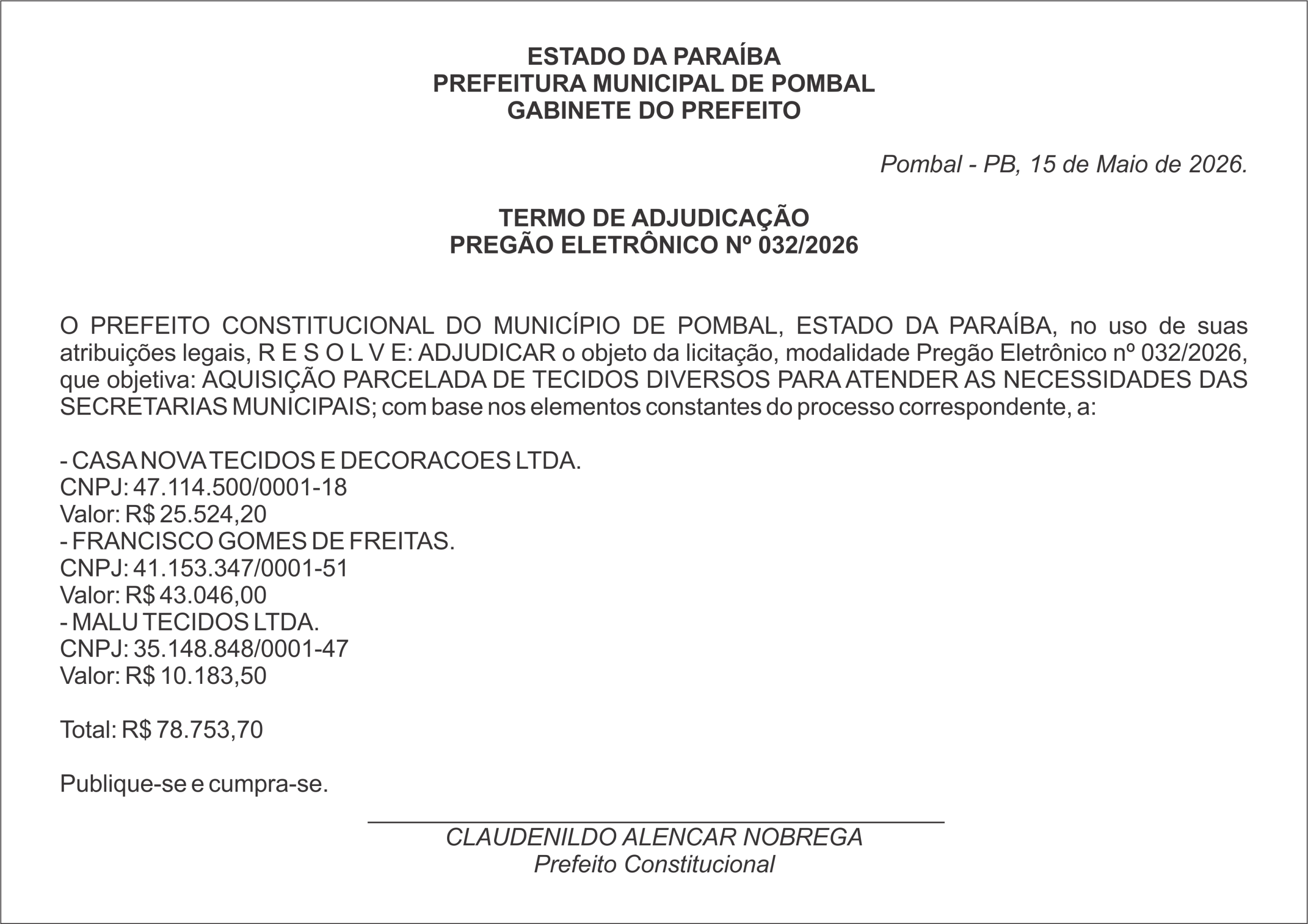 PREFEITURA MUNICIPAL DE POMBAL – TERMO DE ADJUDICAÇÃO PREGÃO ELETRÔNICO Nº 032/2026