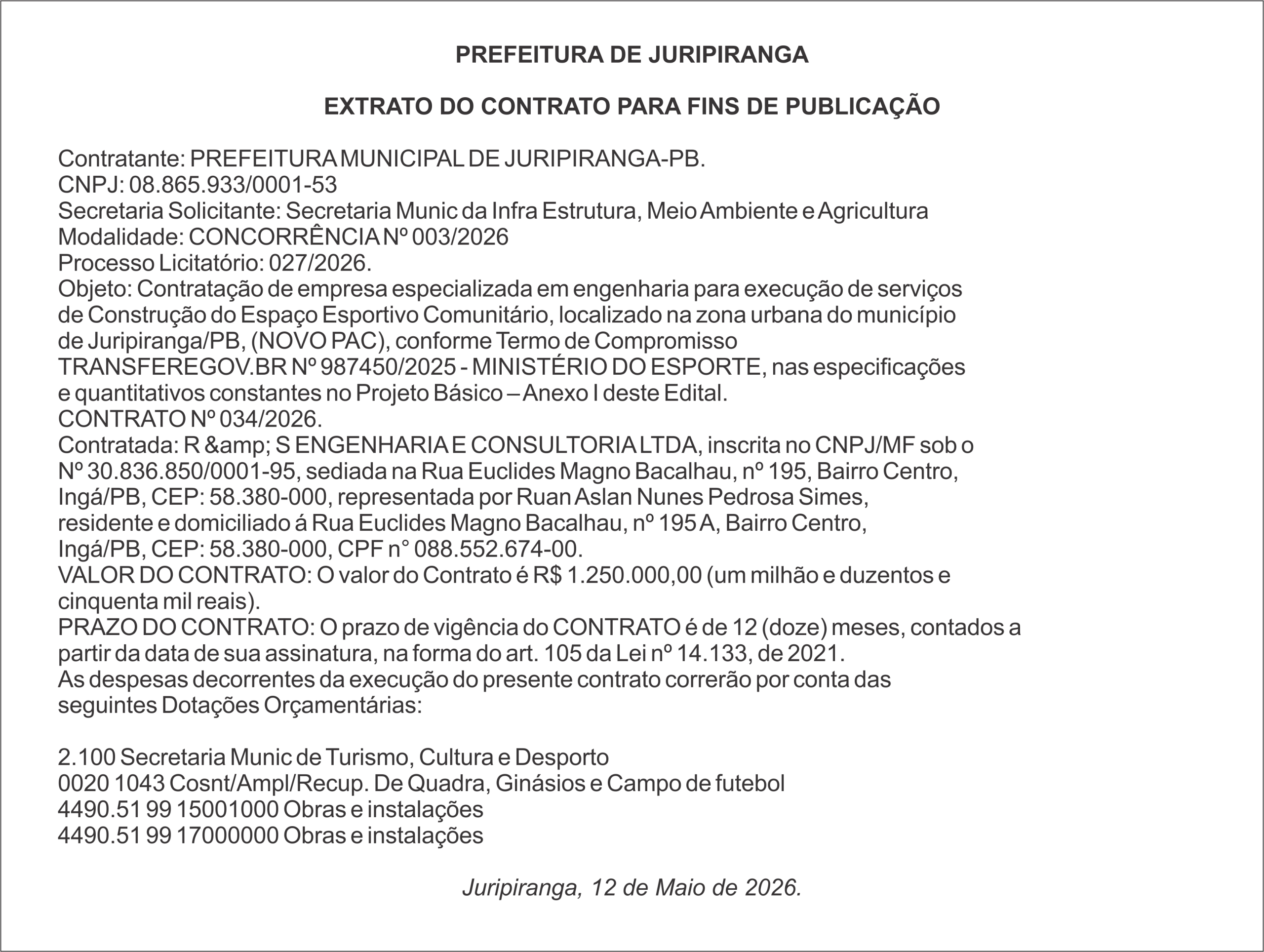 PREFEITURA DE JURIPIRANGA – EXTRATO DO CONTRATO PARA FINS DE PUBLICAÇÃO