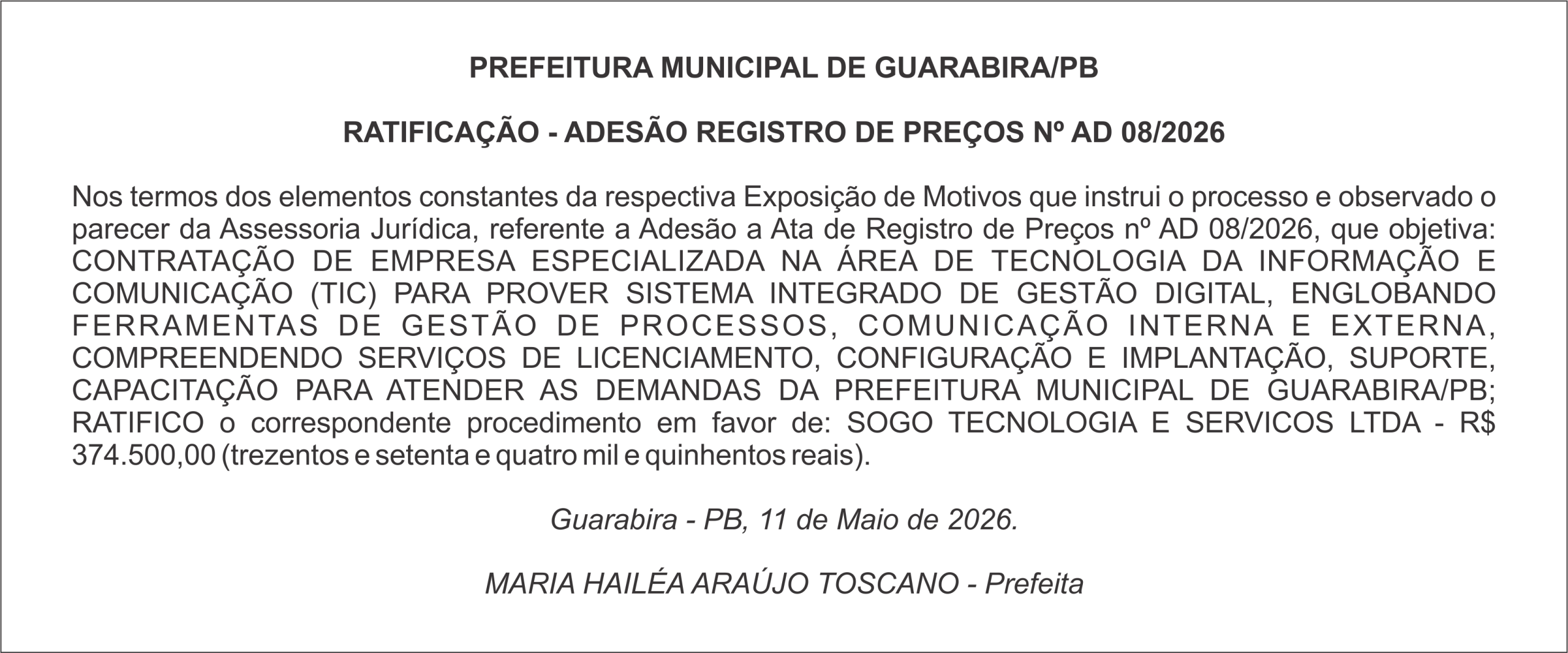 PREFEITURA MUNICIPAL DE GUARABIRA/PB RATIFICAÇÃO – ADESÃO REGISTRO DE PREÇOS Nº AD 08/2026