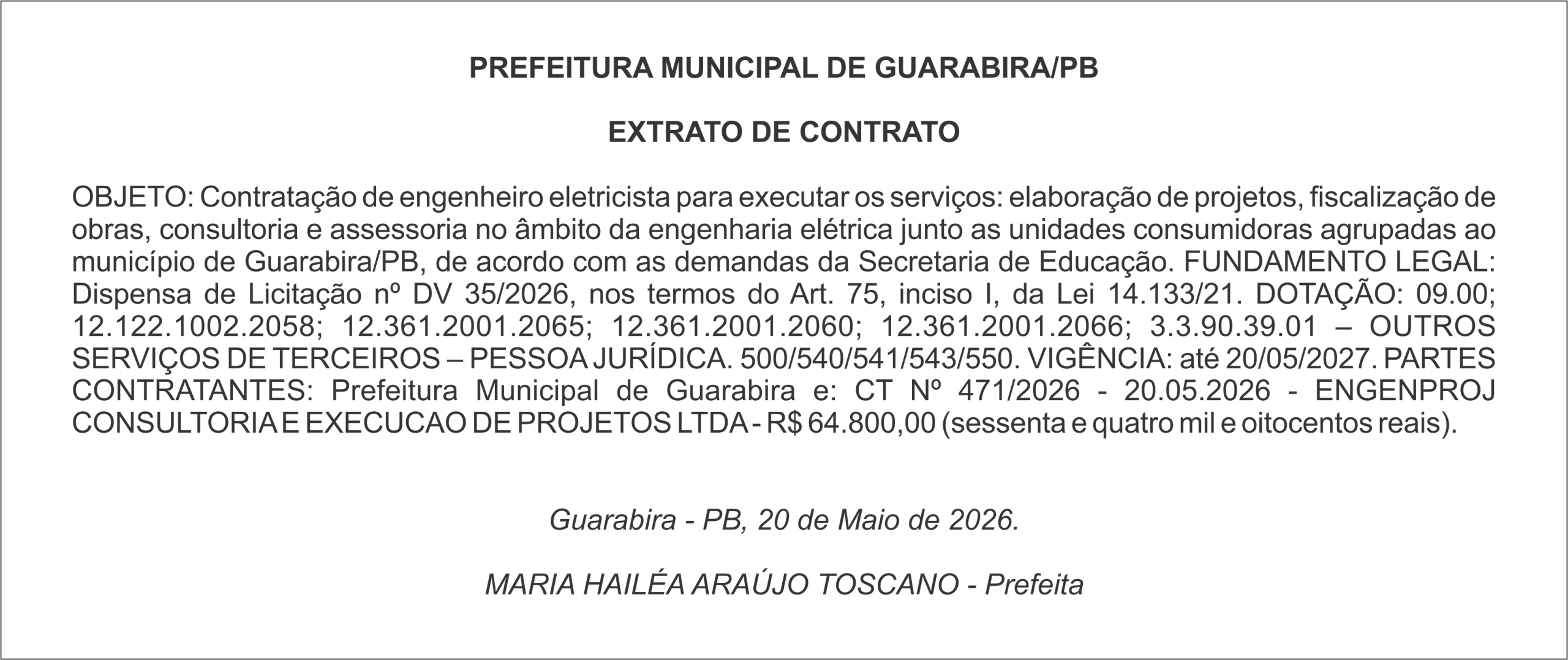 PREFEITURA MUNICIPAL DE GUARABIRA/PB EXTRATO DE CONTRATO