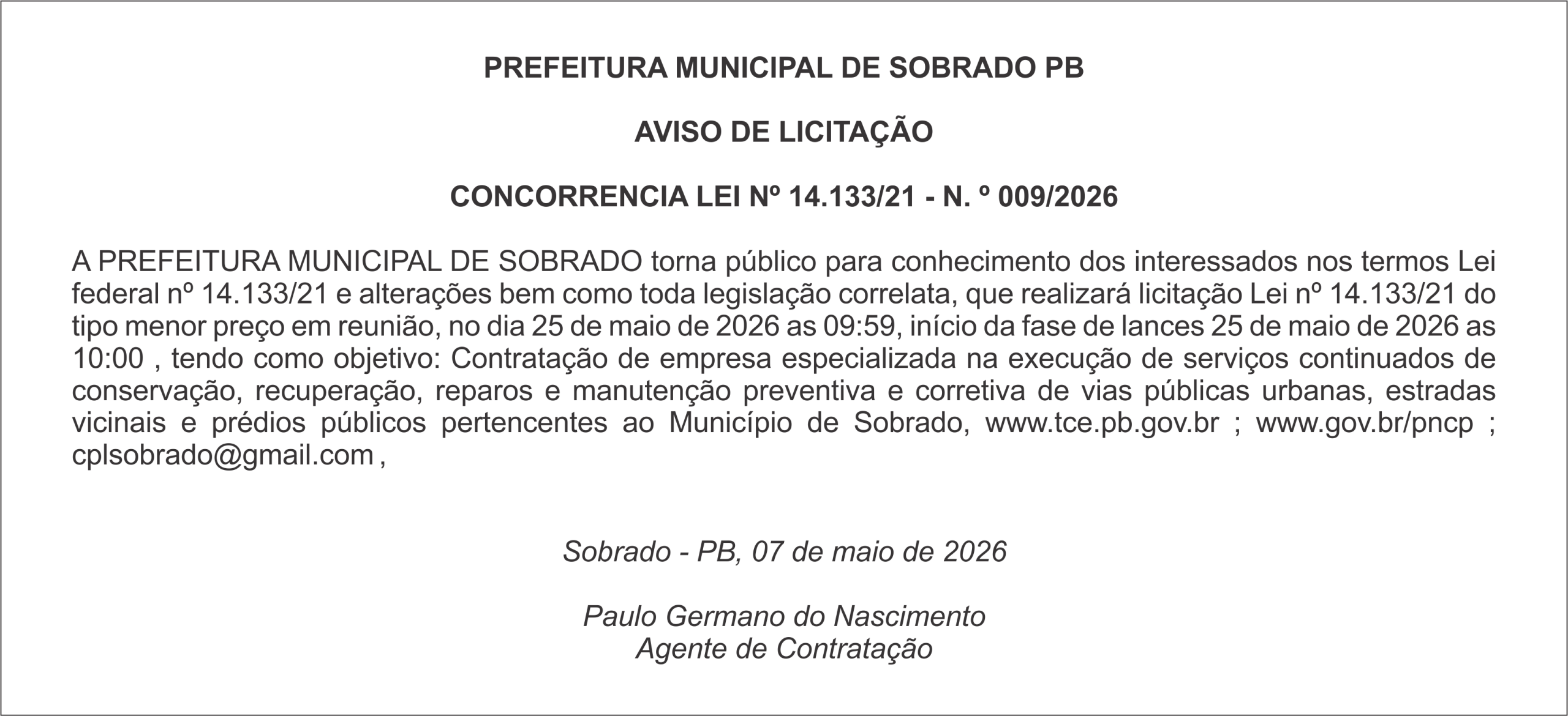 PREFEITURA MUNICIPAL DE SOBRADO PB – AVISO DE LICITAÇÃO  CONCORRENCIA LEI Nº 14.133/21 – N. º 009/2026