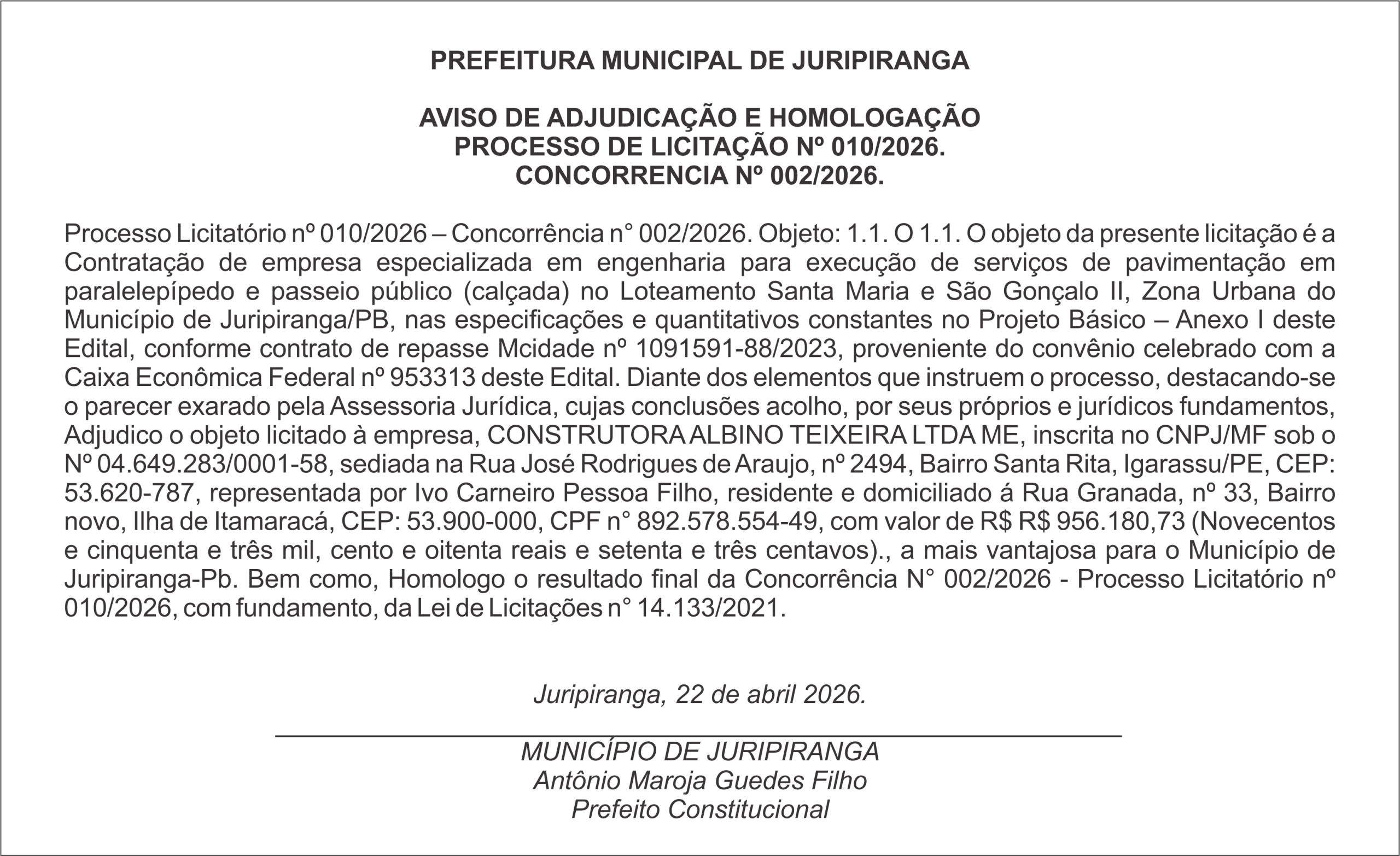 PREFEITURA DE JURIPIRANGA  – AVISO DE ADJUDICAÇÃO E HOMOLOGAÇÃO