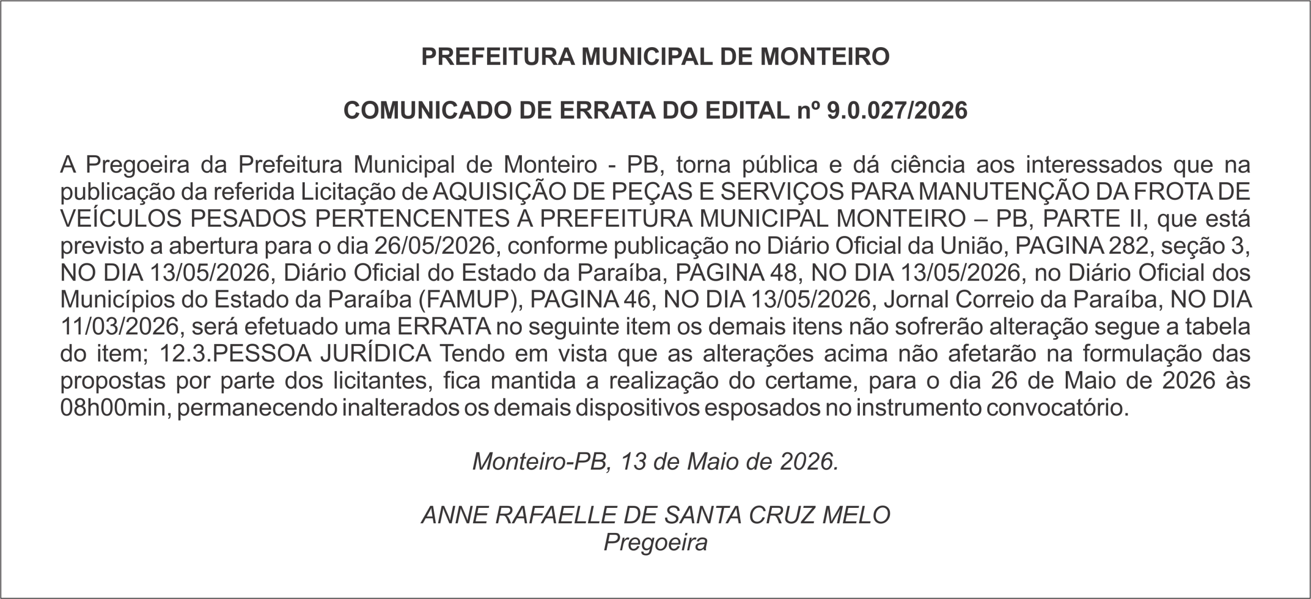 PREFEITURA MUNICIPAL DE MONTEIRO – COMUNICADO DE ERRATA DO EDITAL nº 9.0.027/2026