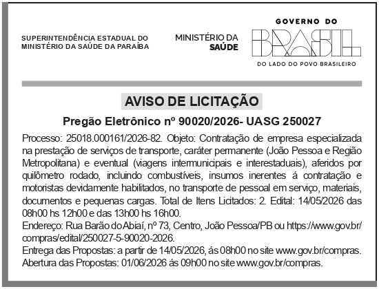 SEMS – PB – JOÃO PESSOA – Pregão Eletrônico No 90020/2026 (serviço de transporte)