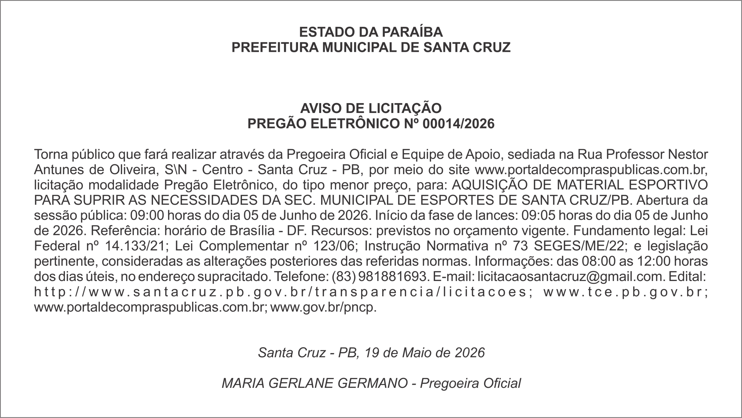PREFEITURA MUNICIPAL DE SANTA CRUZ  – AVISO DE LICITAÇÃO PREGÃO ELETRÔNICO Nº 00014/2026