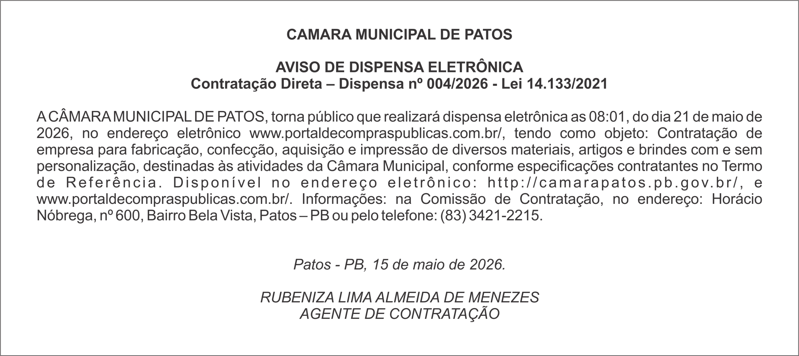 CAMARA MUNICIPAL DE PATOS – AVISO DE DISPENSA ELETRÔNICA