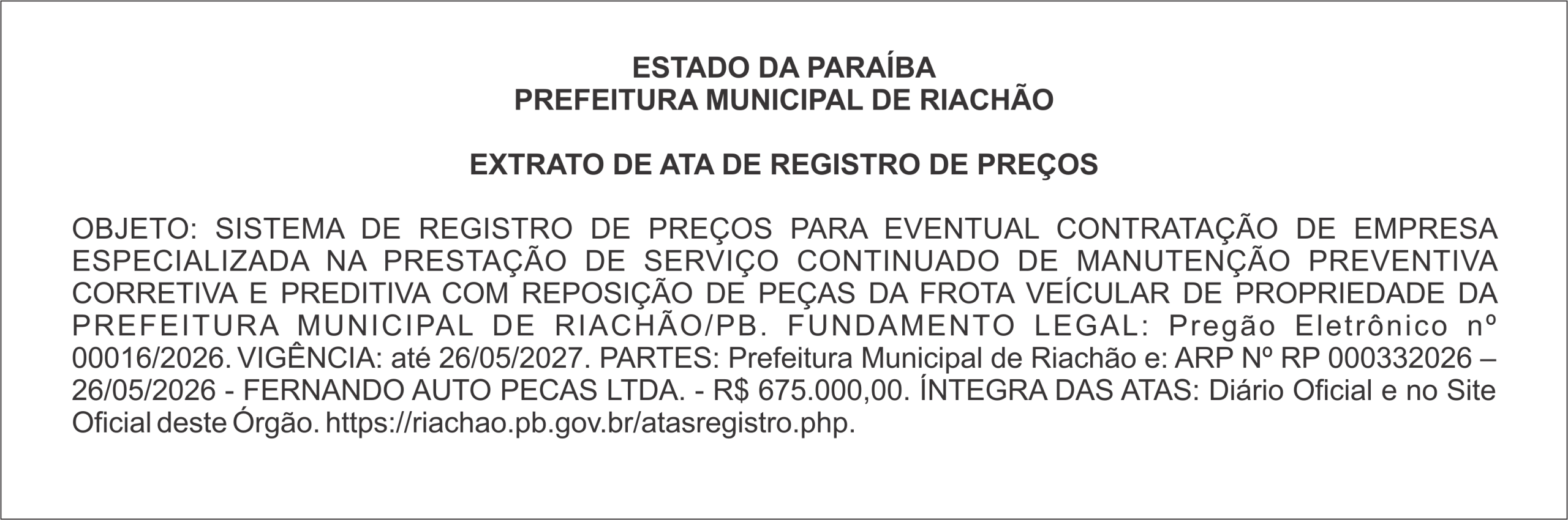 PREFEITURA MUNICIPAL DE RIACHÃO – EXTRATO DE ATA DE REGISTRO DE PREÇOS