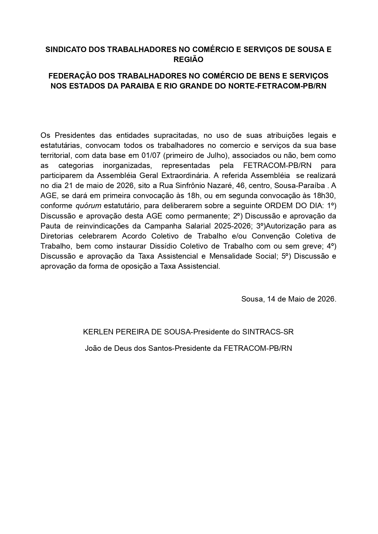 SINTRACS-SR – EDITAL DE ASSEMBLEIA GERAL EXTRAORDINÁRIA