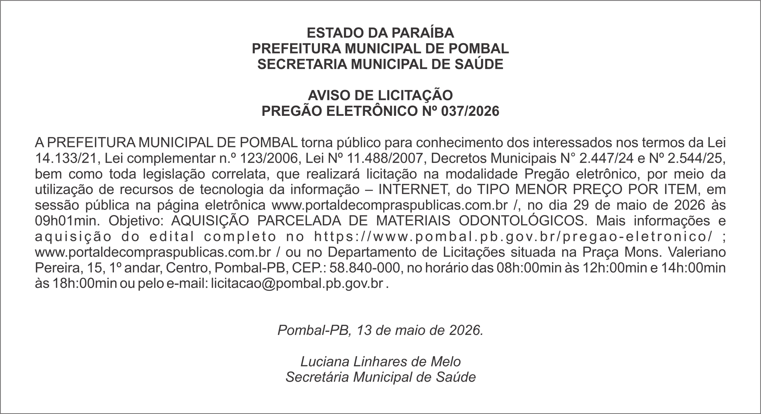 PREFEITURA MUNICIPAL DE POMBAL – AVISO DE LICITAÇÃO PREGÃO ELETRÔNICO Nº 037/2026