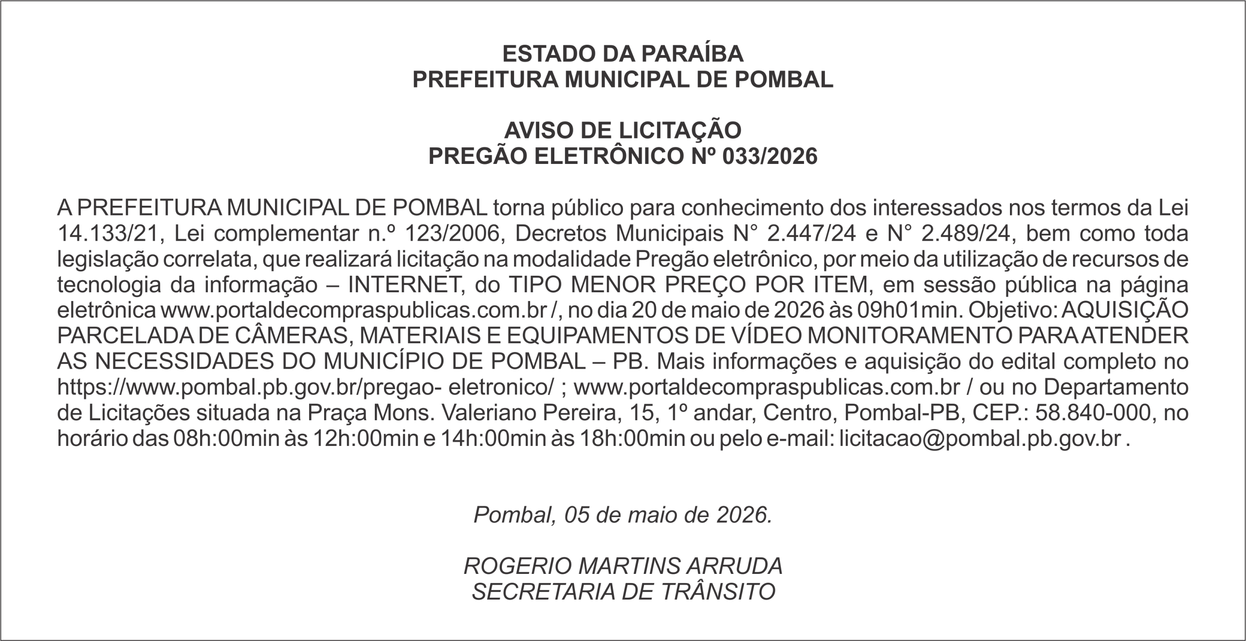 PREFEITURA MUNICIPAL DE POMBAL – AVISO DE LICITAÇÃO – PREGÃO ELETRÔNICO Nº 033/2026