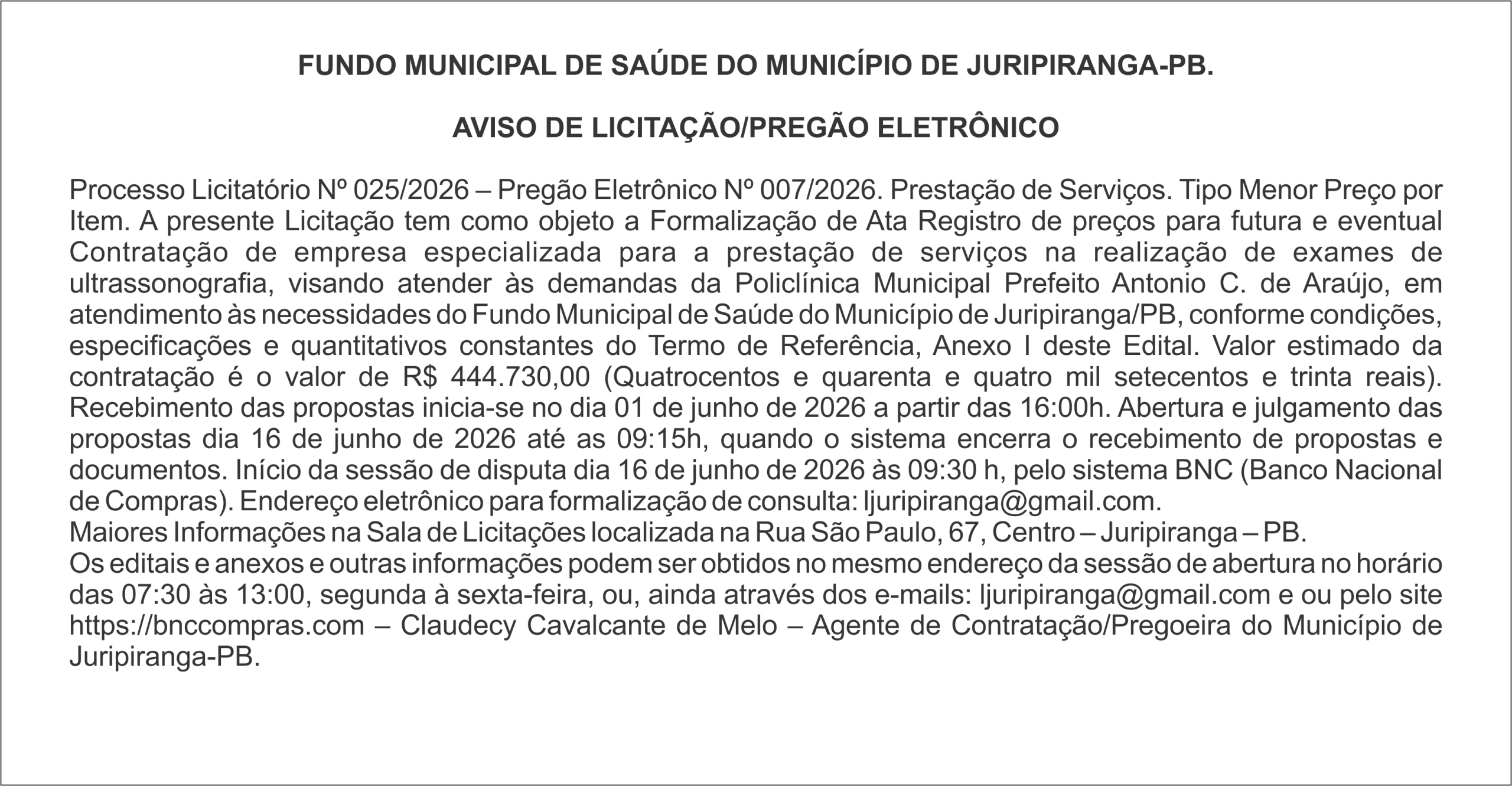 FUNDO MUNICIPAL DE SAÚDE DO MUNICÍPIO DE JURIPIRANGA-PB – AVISO DE LICITAÇÃO/PREGÃO ELETRÔNICO