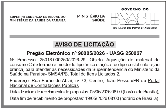 SEMS – PB – JOÃO PESSOA – Dispensa de Licitação n° 90005/2026 – Café e Açúcar