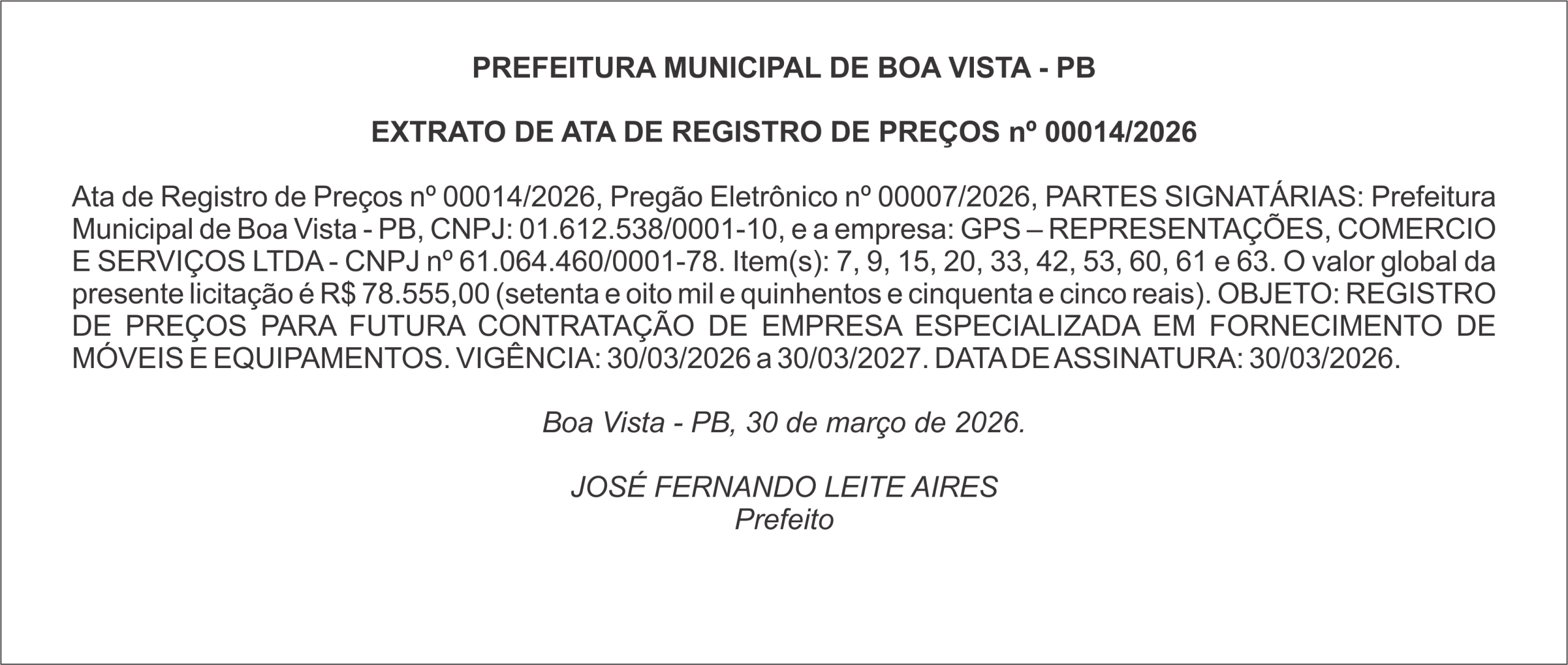 PREFEITURA MUNICIPAL DE BOA VISTA – PB – EXTRATO DE ATA DE REGISTRO DE PREÇOS nº 014/2026